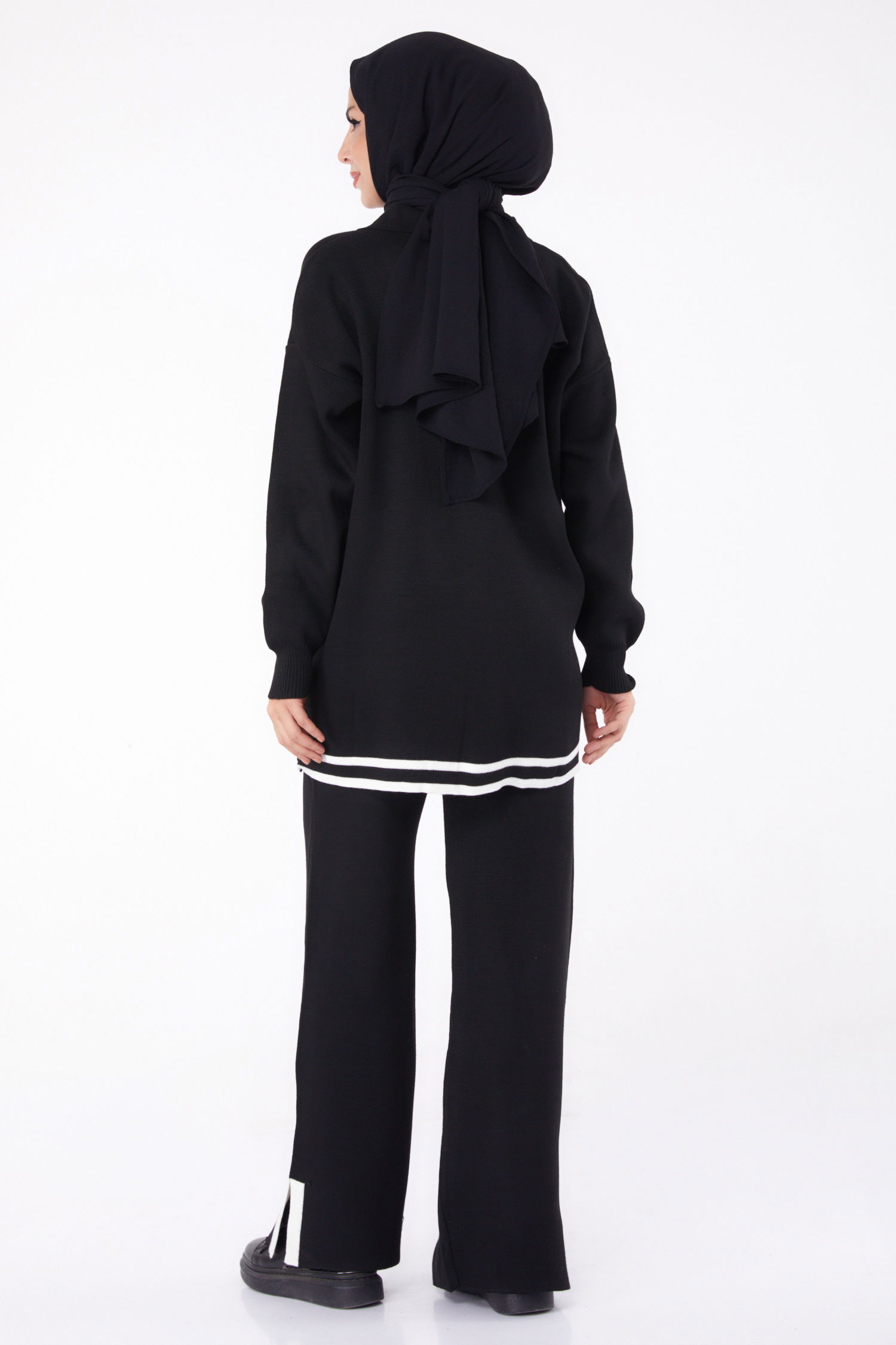 Düz Gömlek Yaka Kadın Siyah Çizgi Detaylı Triko Takım - 26301 - 5