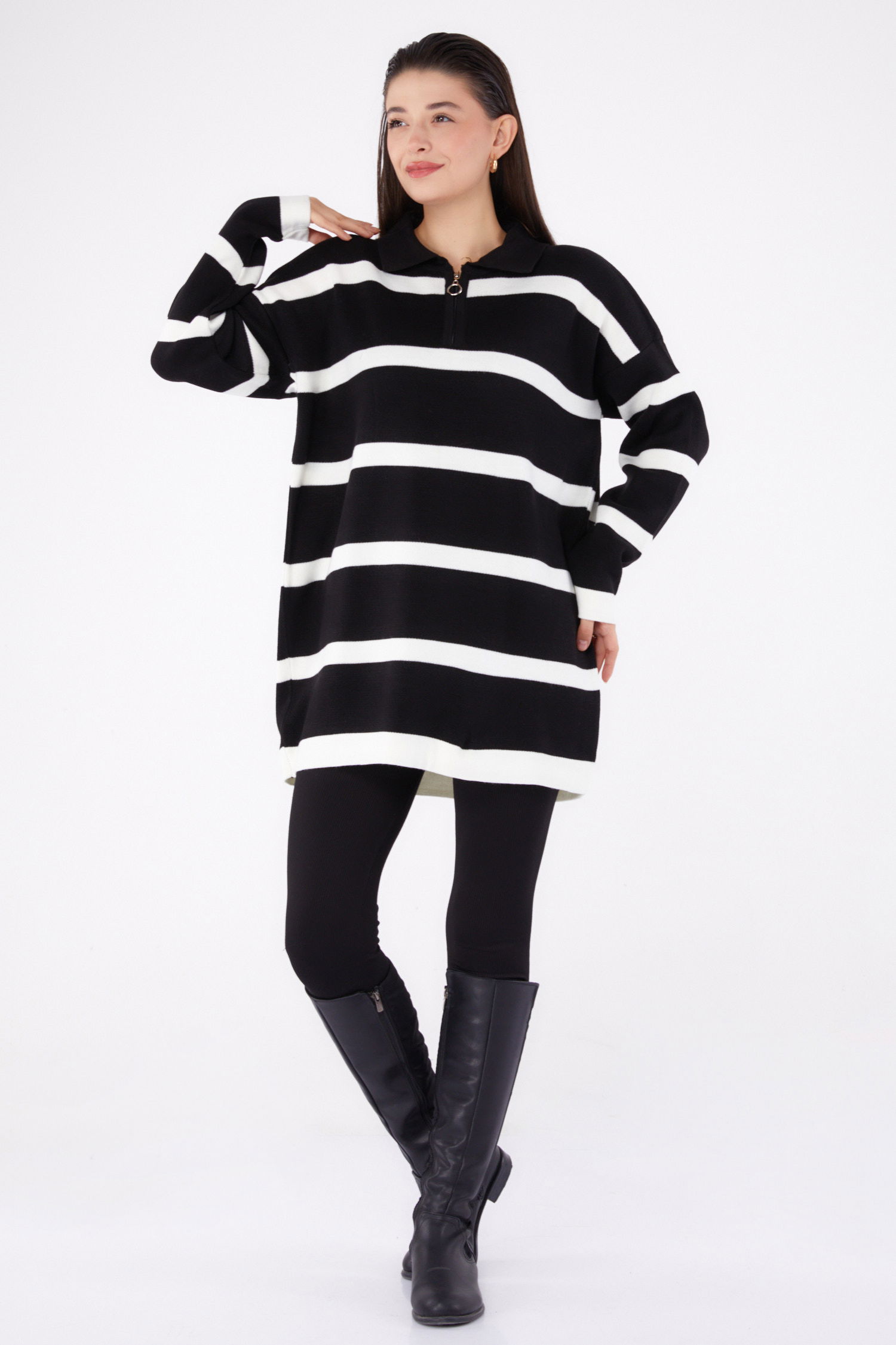 Çizgili Triko Tunik Siyah - 26420 - 1