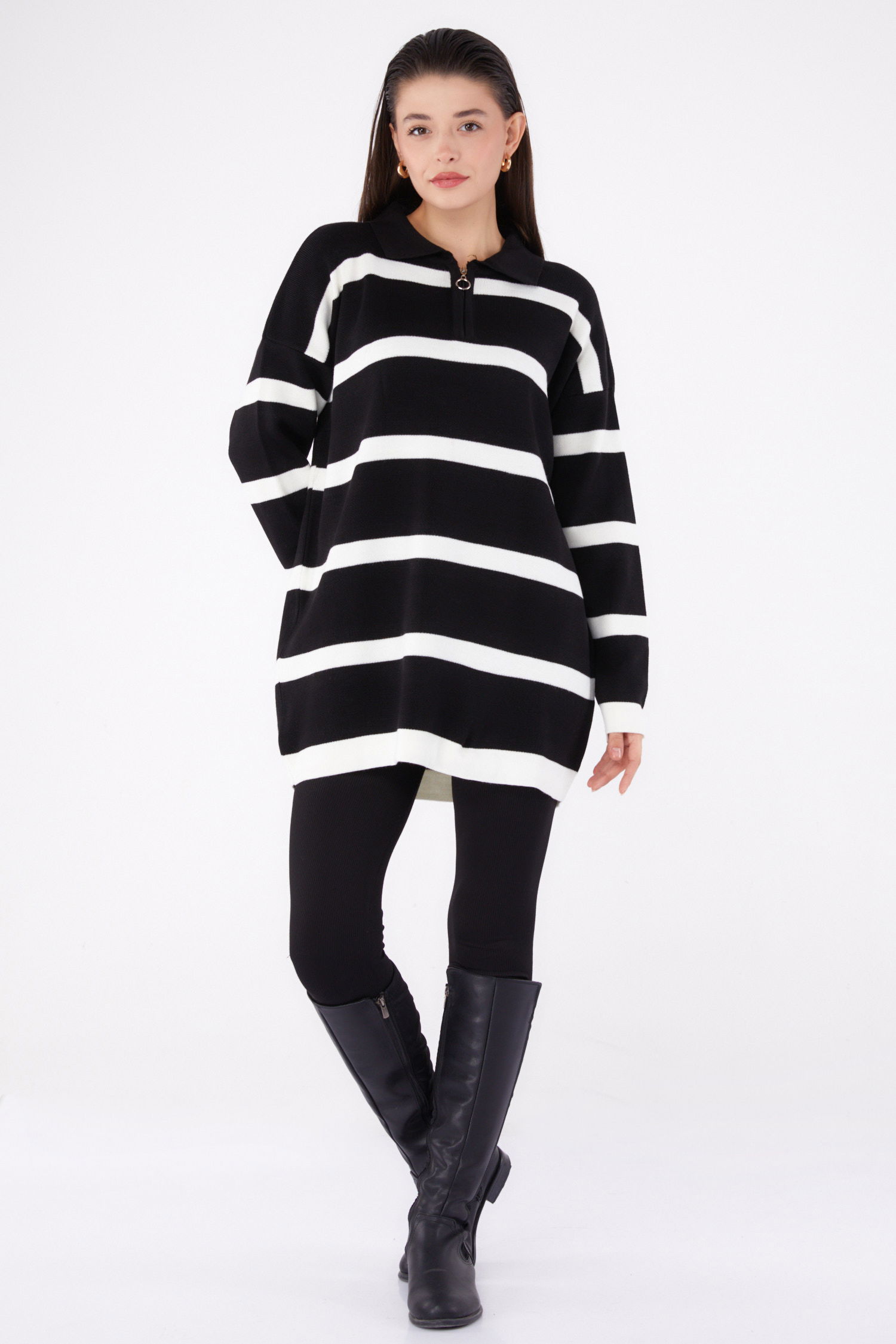 Çizgili Triko Tunik Siyah - 26420 - 2