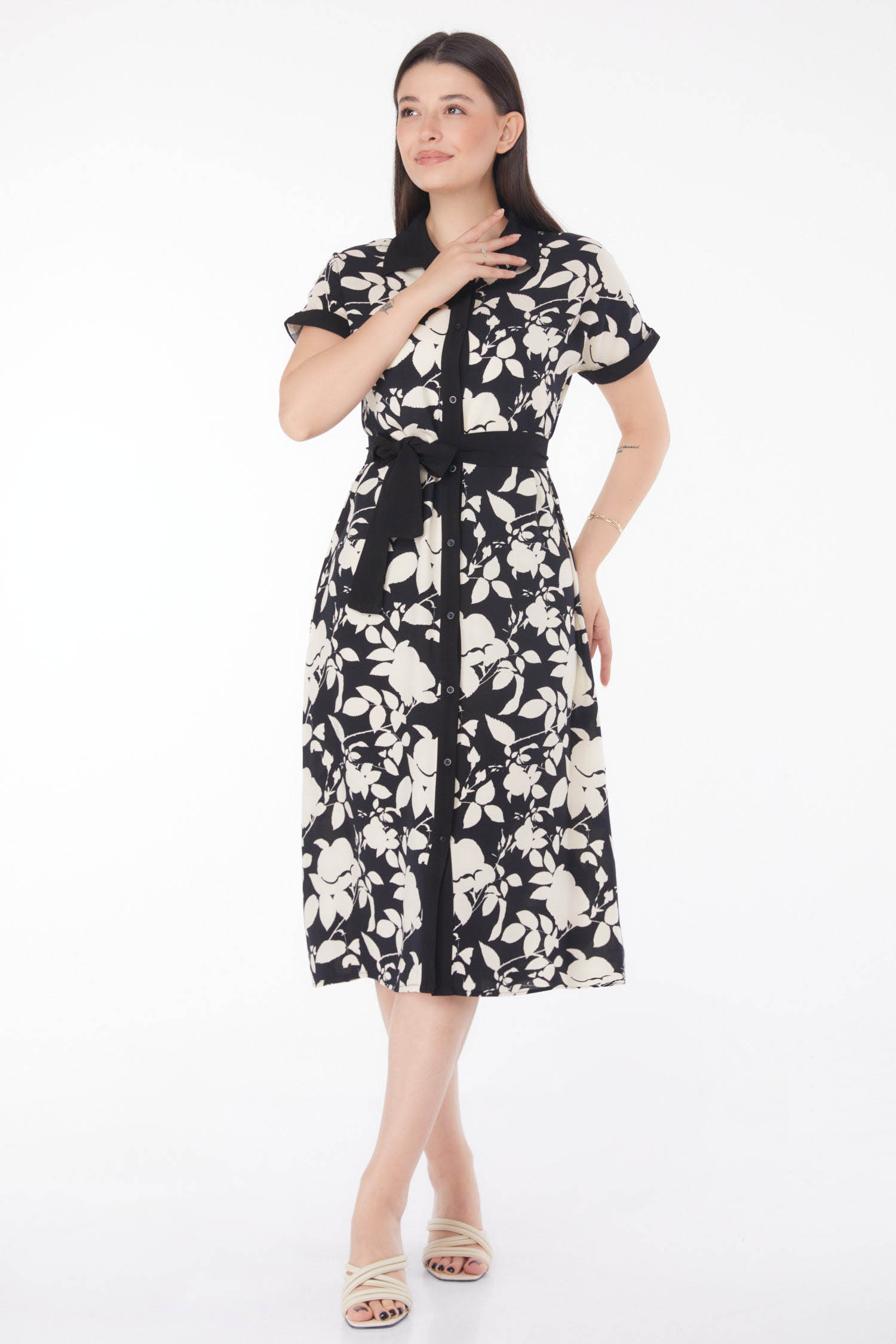 Desenli Midi Elbise Siyah - 25788 - 1