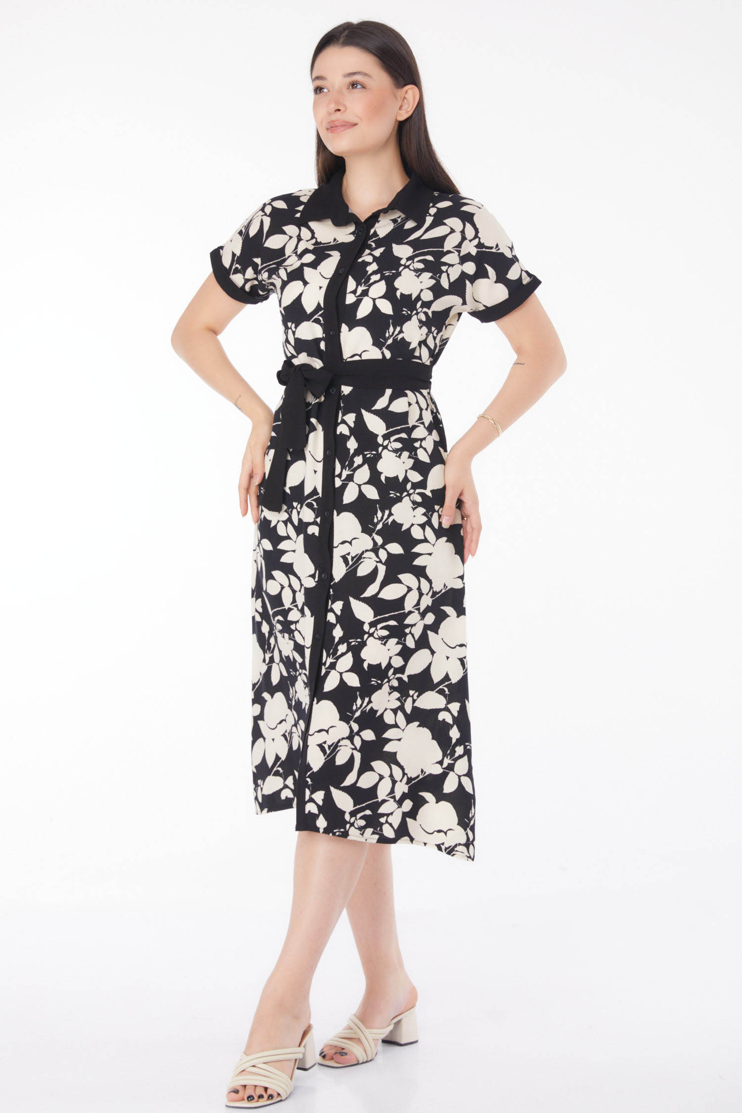 Desenli Midi Elbise Siyah - 25788 - 2