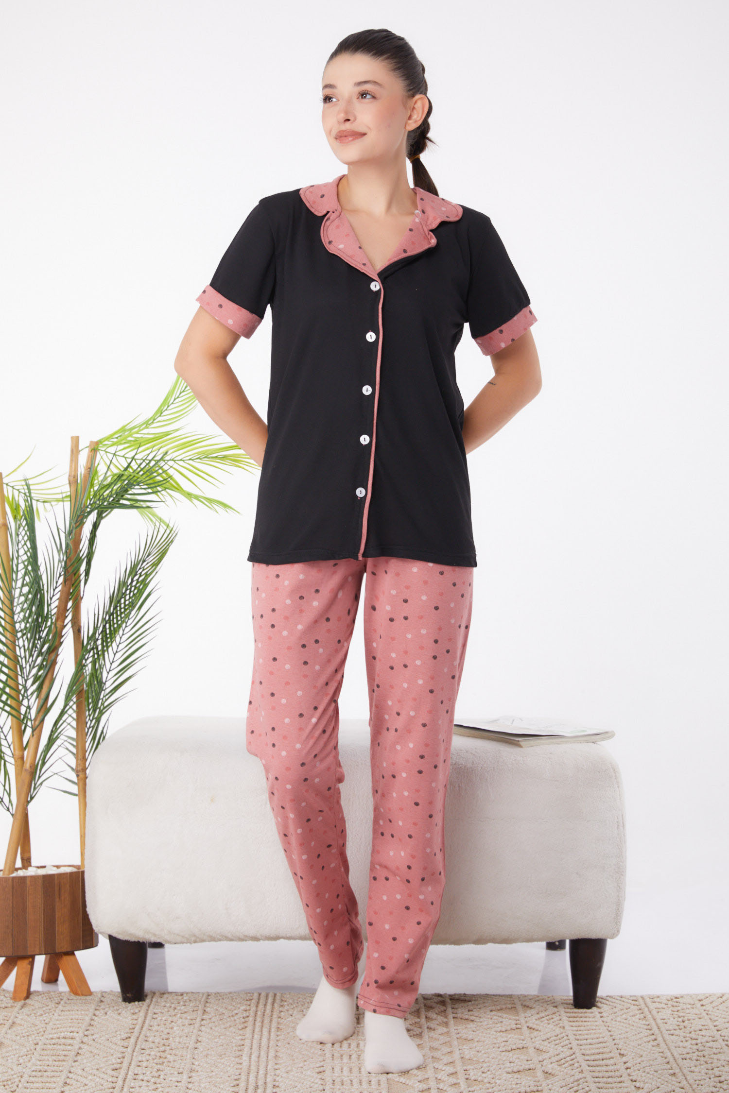 Düz Gömlek Yaka Kadın Siyah Desenli Pijama Takımı - 25962 - 1