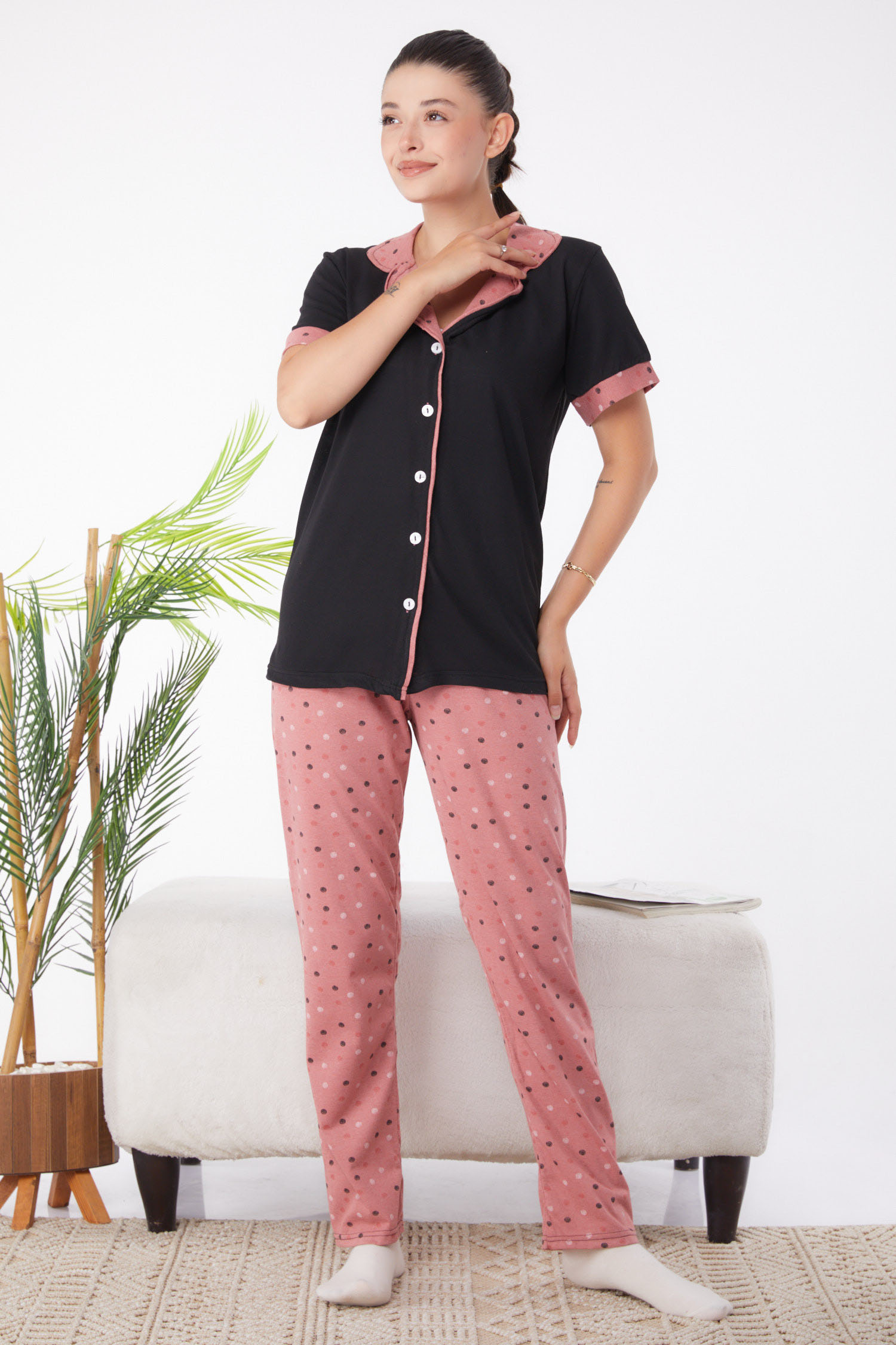 Düz Gömlek Yaka Kadın Siyah Desenli Pijama Takımı - 25962 - 2