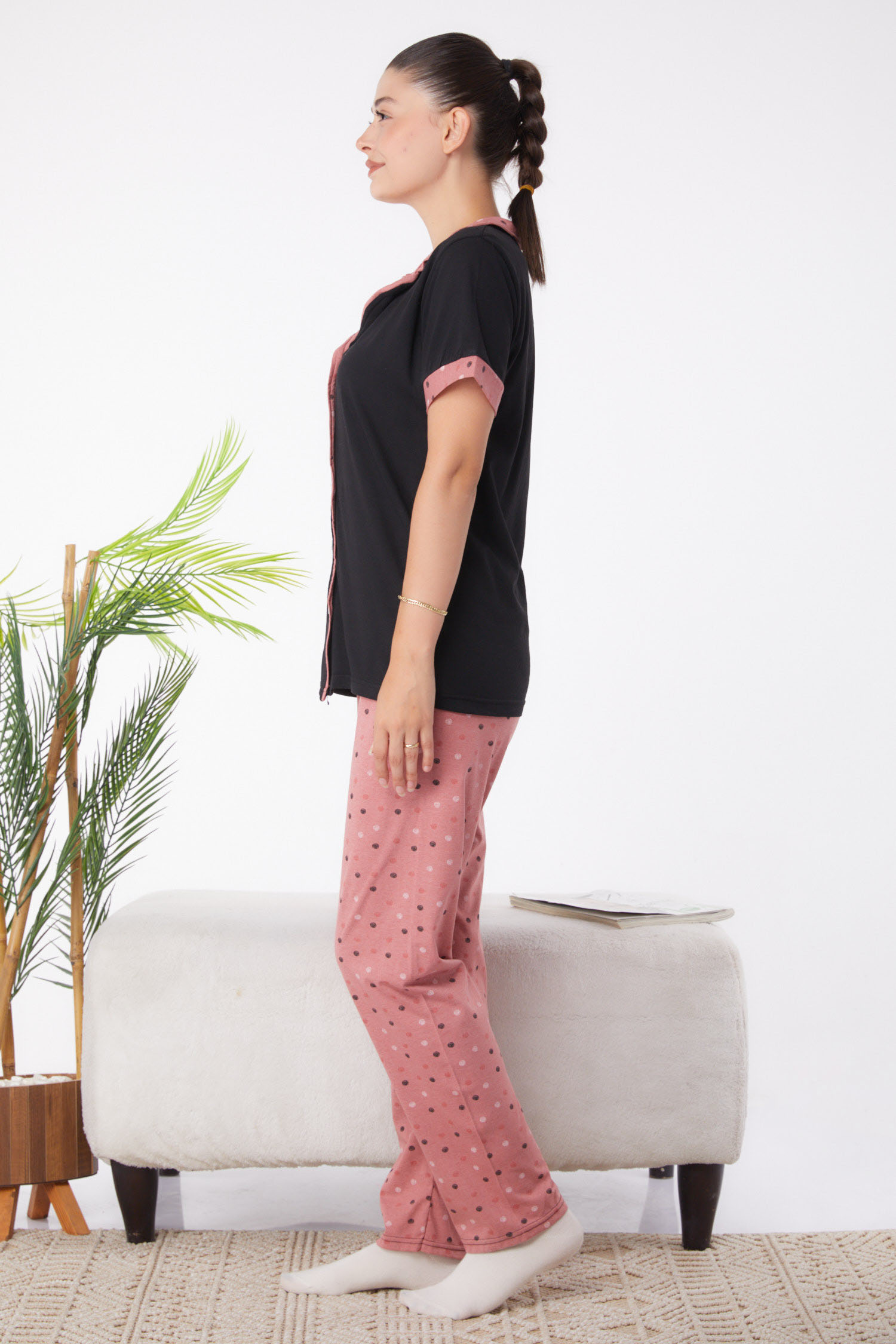 Düz Gömlek Yaka Kadın Siyah Desenli Pijama Takımı - 25962 - 4