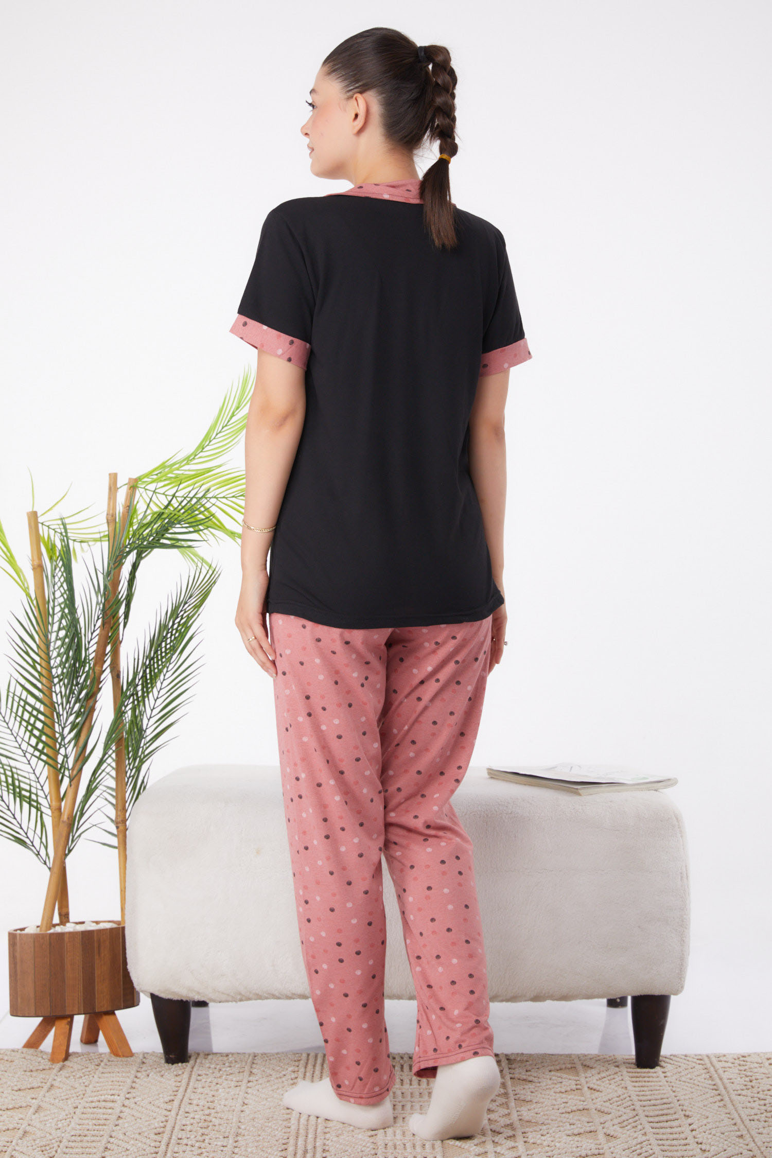 Düz Gömlek Yaka Kadın Siyah Desenli Pijama Takımı - 25962 - 5