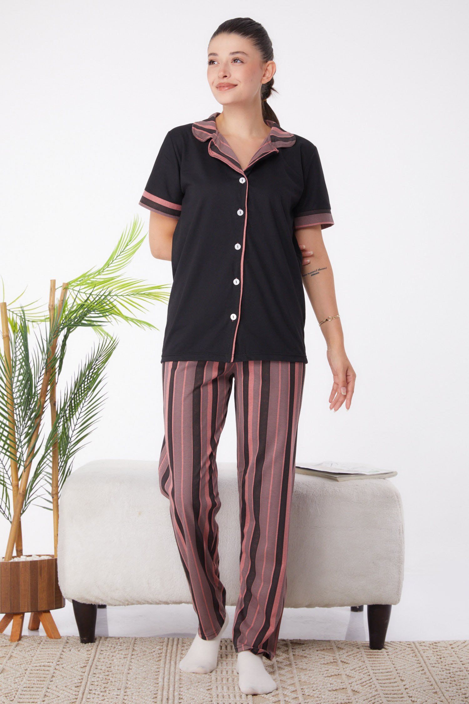 Düz Gömlek Yaka Kadın Siyah Desenli Pijama Takımı - 25963 - 2