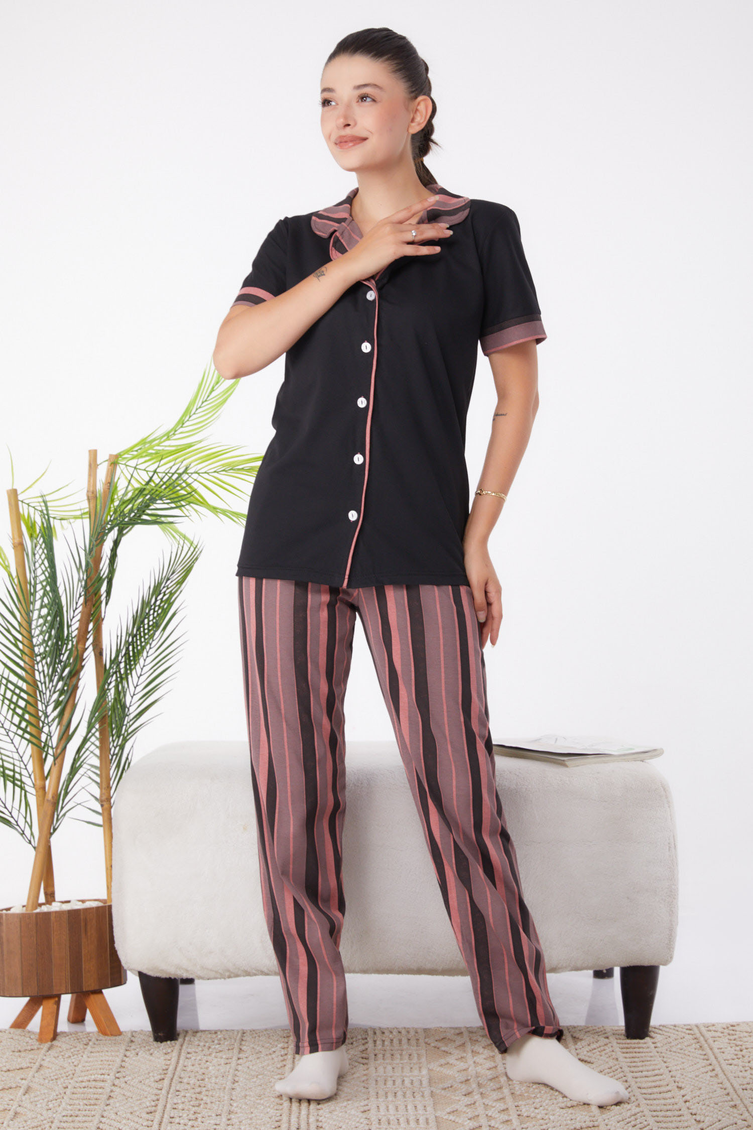 Düz Gömlek Yaka Kadın Siyah Desenli Pijama Takımı - 25963 - 3