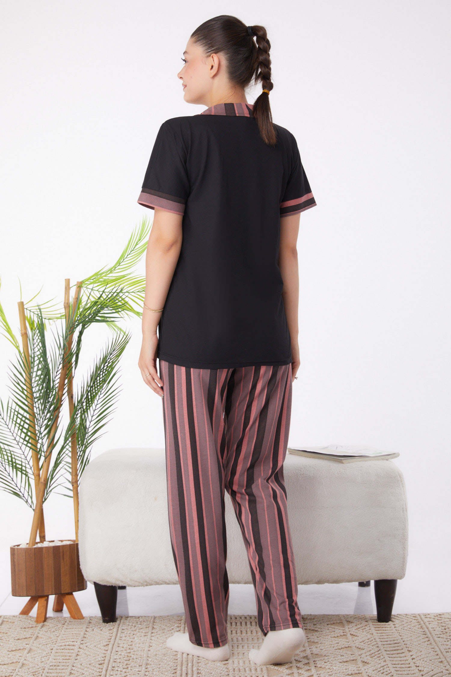 Düz Gömlek Yaka Kadın Siyah Desenli Pijama Takımı - 25963 - 5