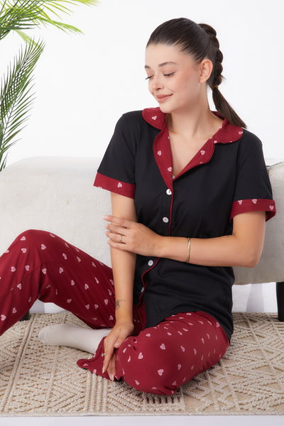 Düz Gömlek Yaka Kadın Siyah Desenli Pijama Takımı - 25966 