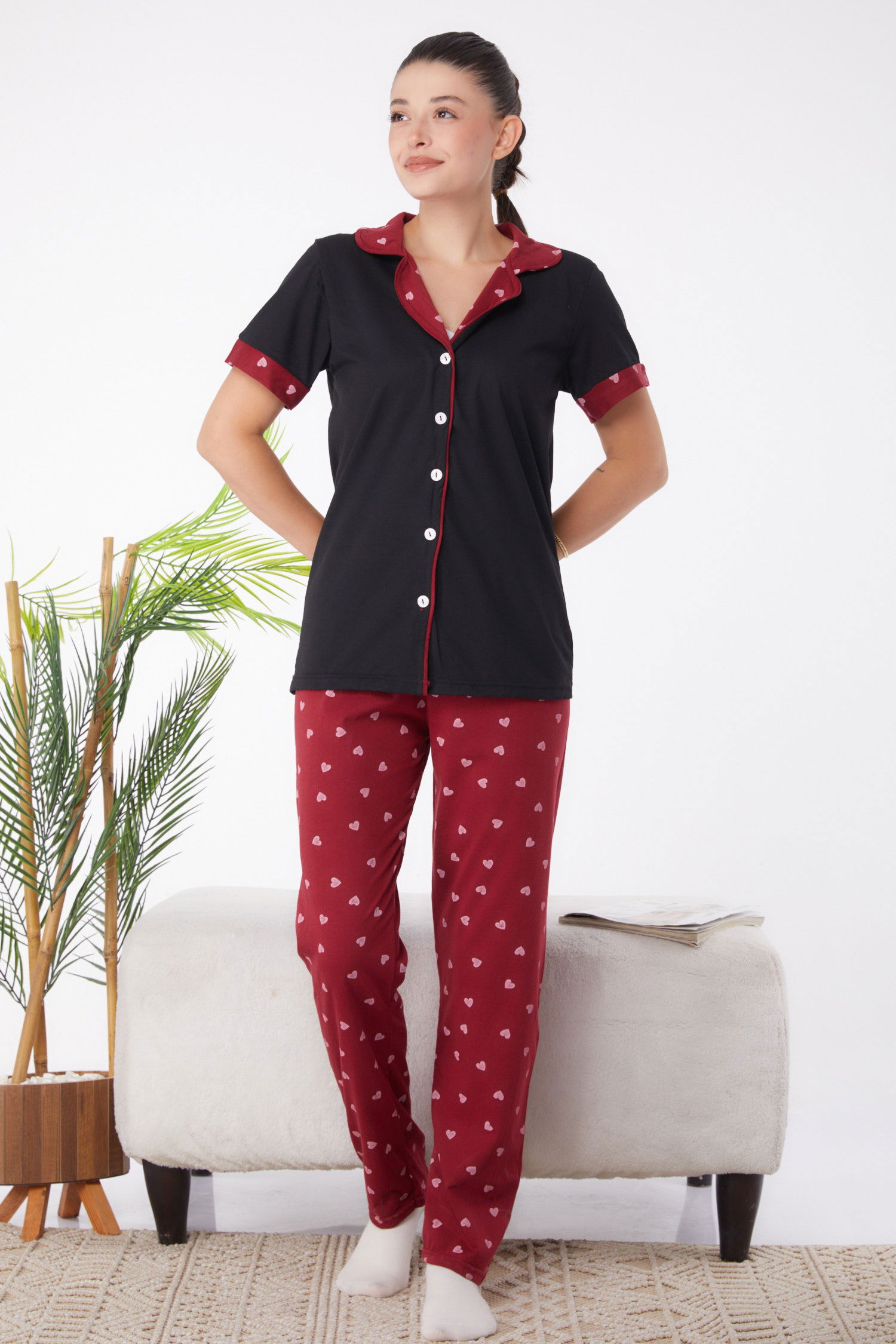 Düz Gömlek Yaka Kadın Siyah Desenli Pijama Takımı - 25966 - 2