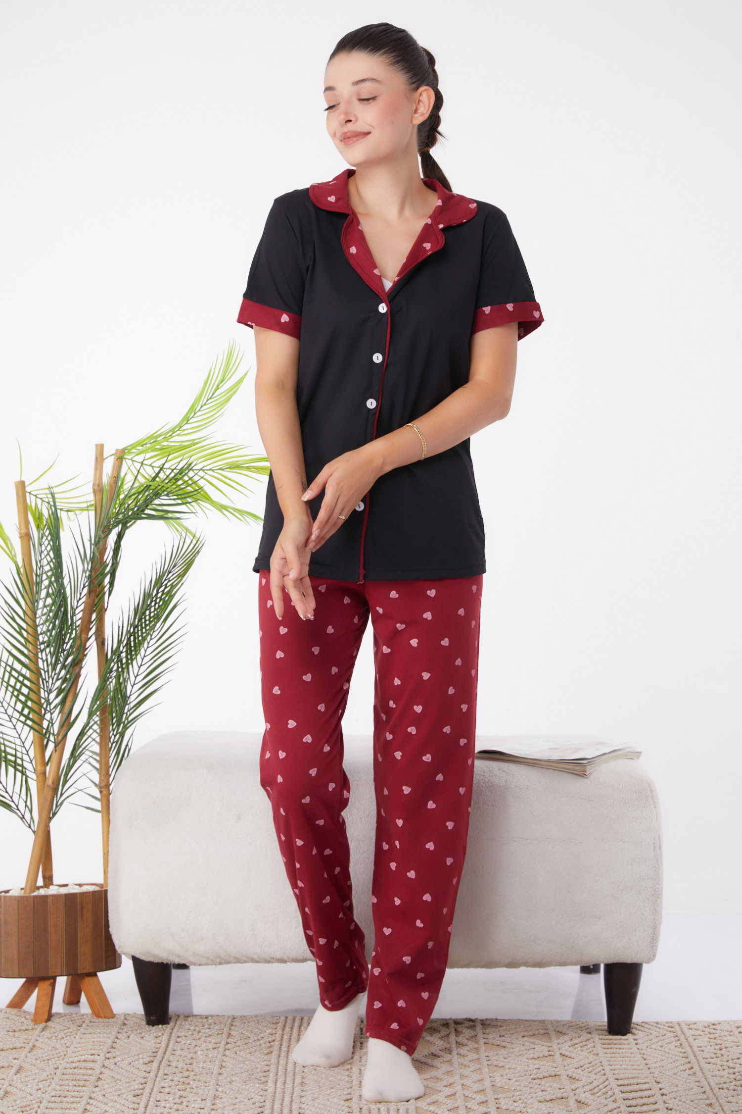 Düz Gömlek Yaka Kadın Siyah Desenli Pijama Takımı - 25966 - 3