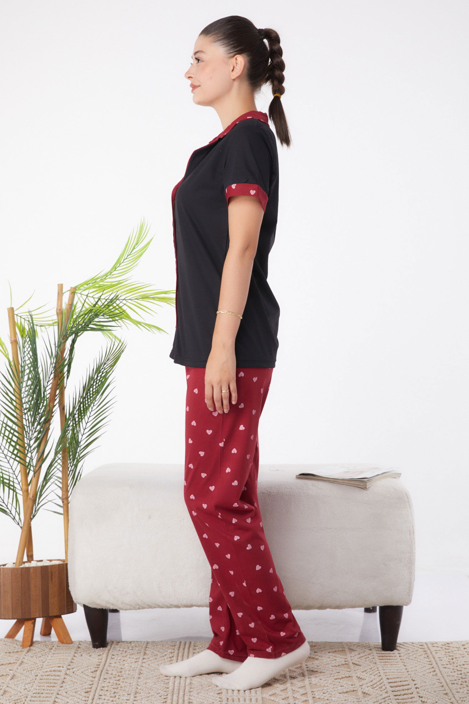 Düz Gömlek Yaka Kadın Siyah Desenli Pijama Takımı - 25966 - 4