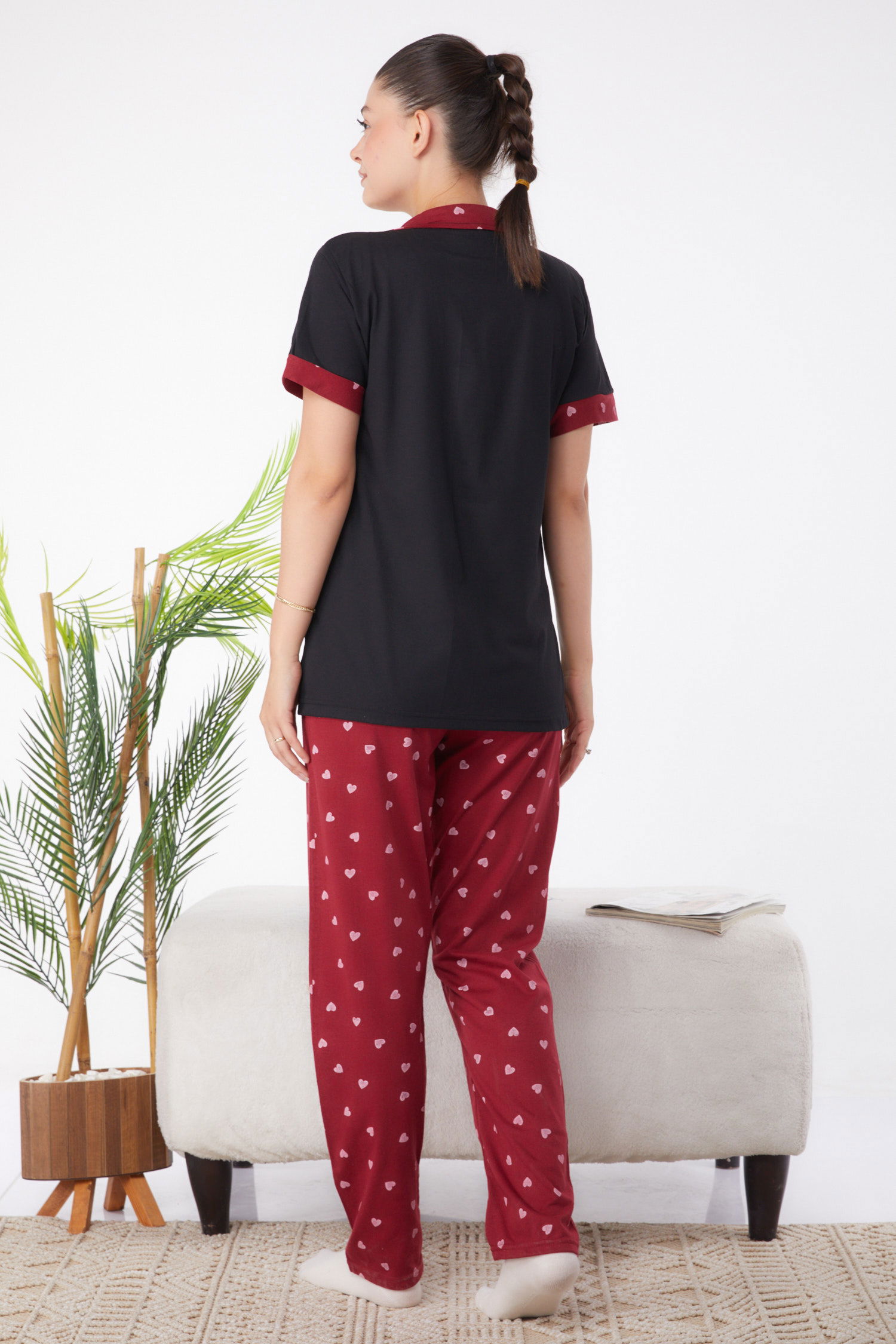 Düz Gömlek Yaka Kadın Siyah Desenli Pijama Takımı - 25966 - 5