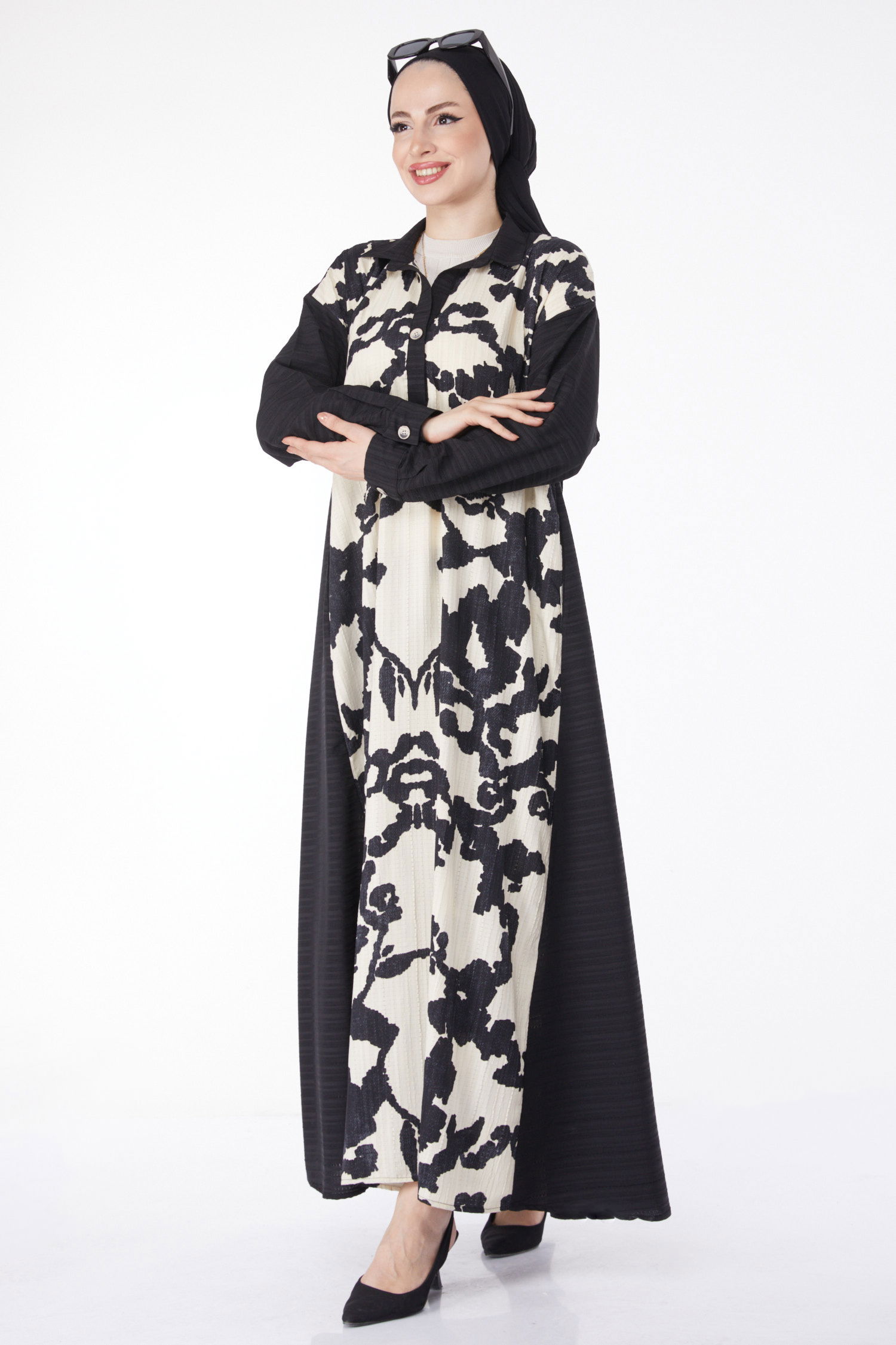 Desenli Salaş Elbise Siyah - 25044 - 1