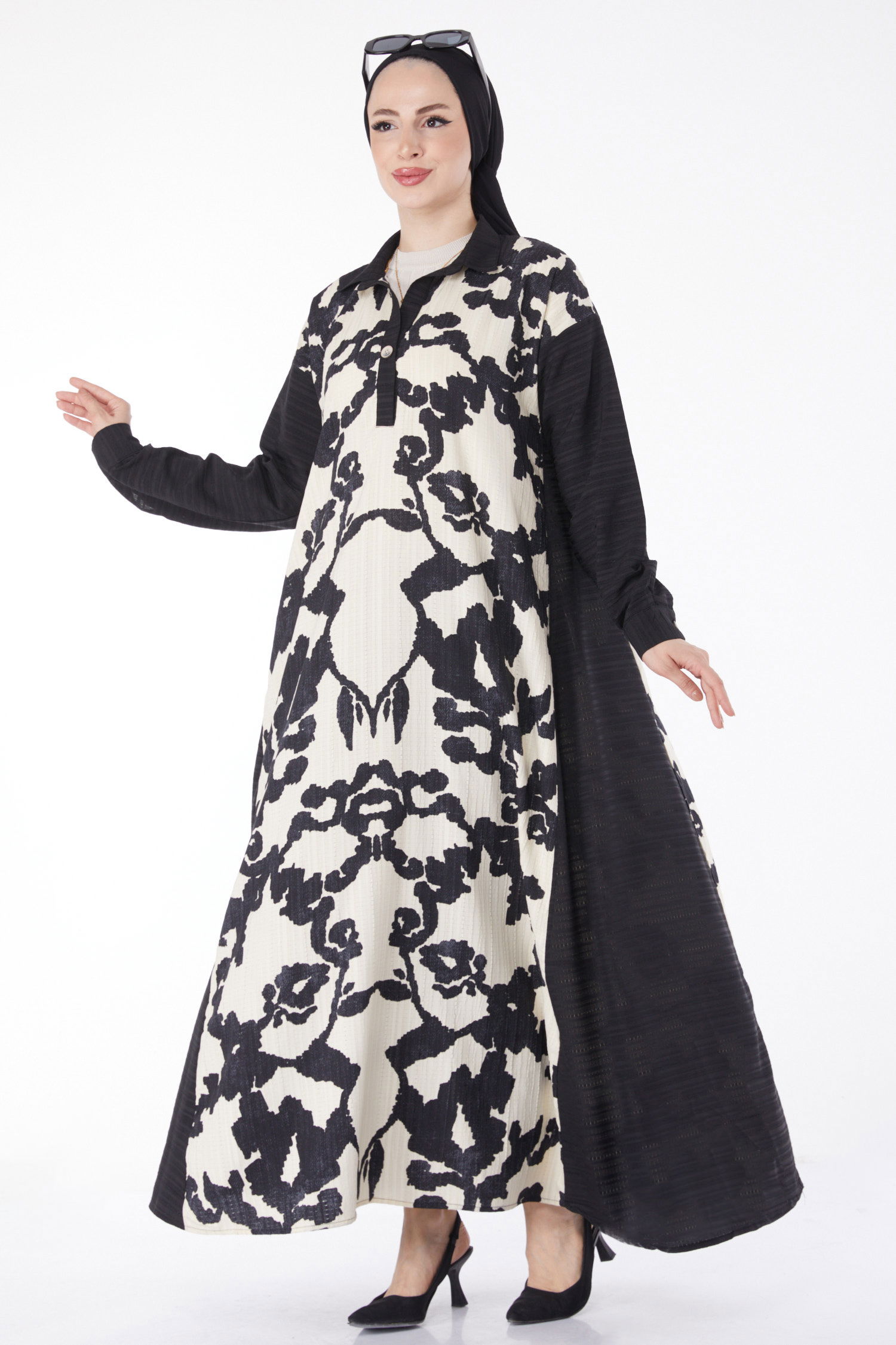 Desenli Salaş Elbise Siyah - 25044 - 2