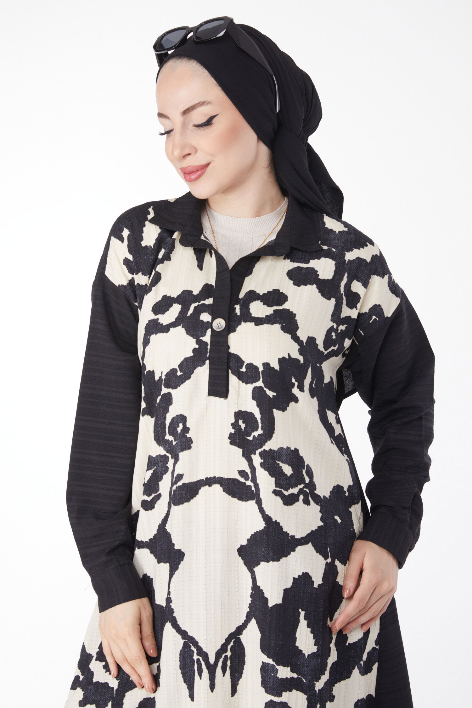 Desenli Salaş Elbise Siyah - 25044 - 3