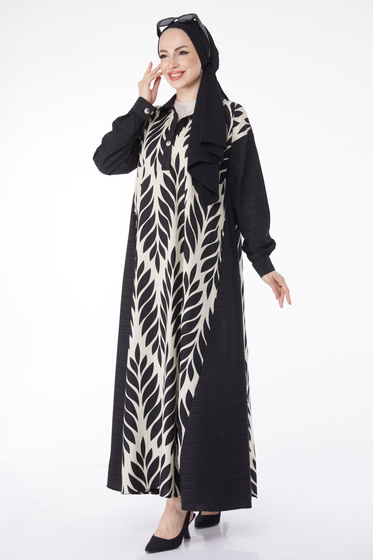 Desenli Salaş Elbise Siyah - 25045 - TOFİSA