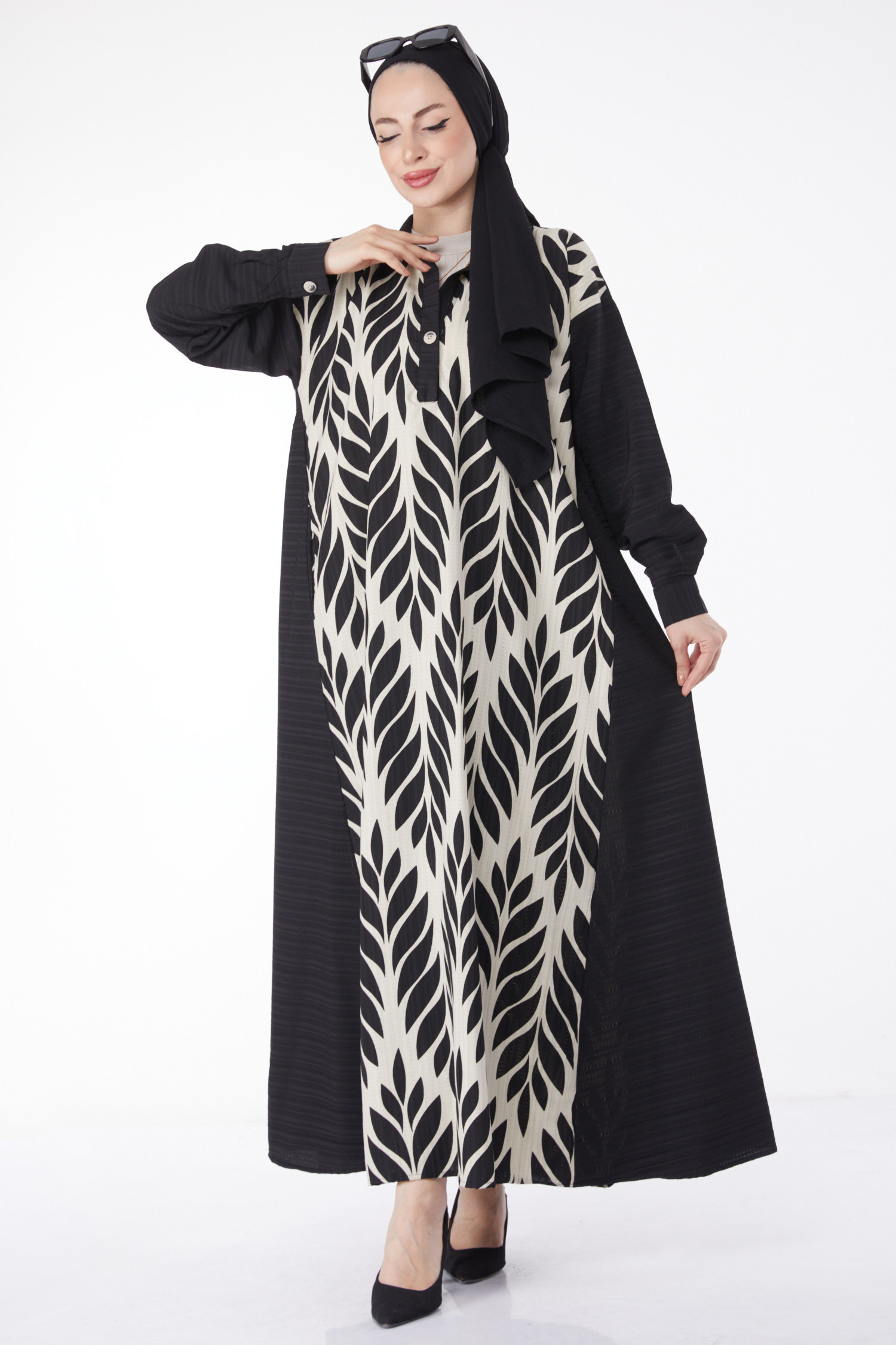 Desenli Salaş Elbise Siyah - 25045 - 2