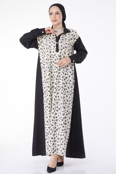 Düz Gömlek Yaka Kadın Siyah Desenli Salaş Elbise - 25046 