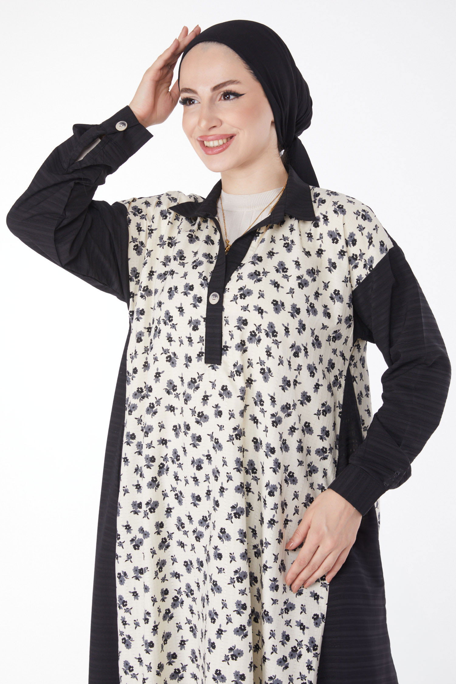 Düz Gömlek Yaka Kadın Siyah Desenli Salaş Elbise - 25046 - 2