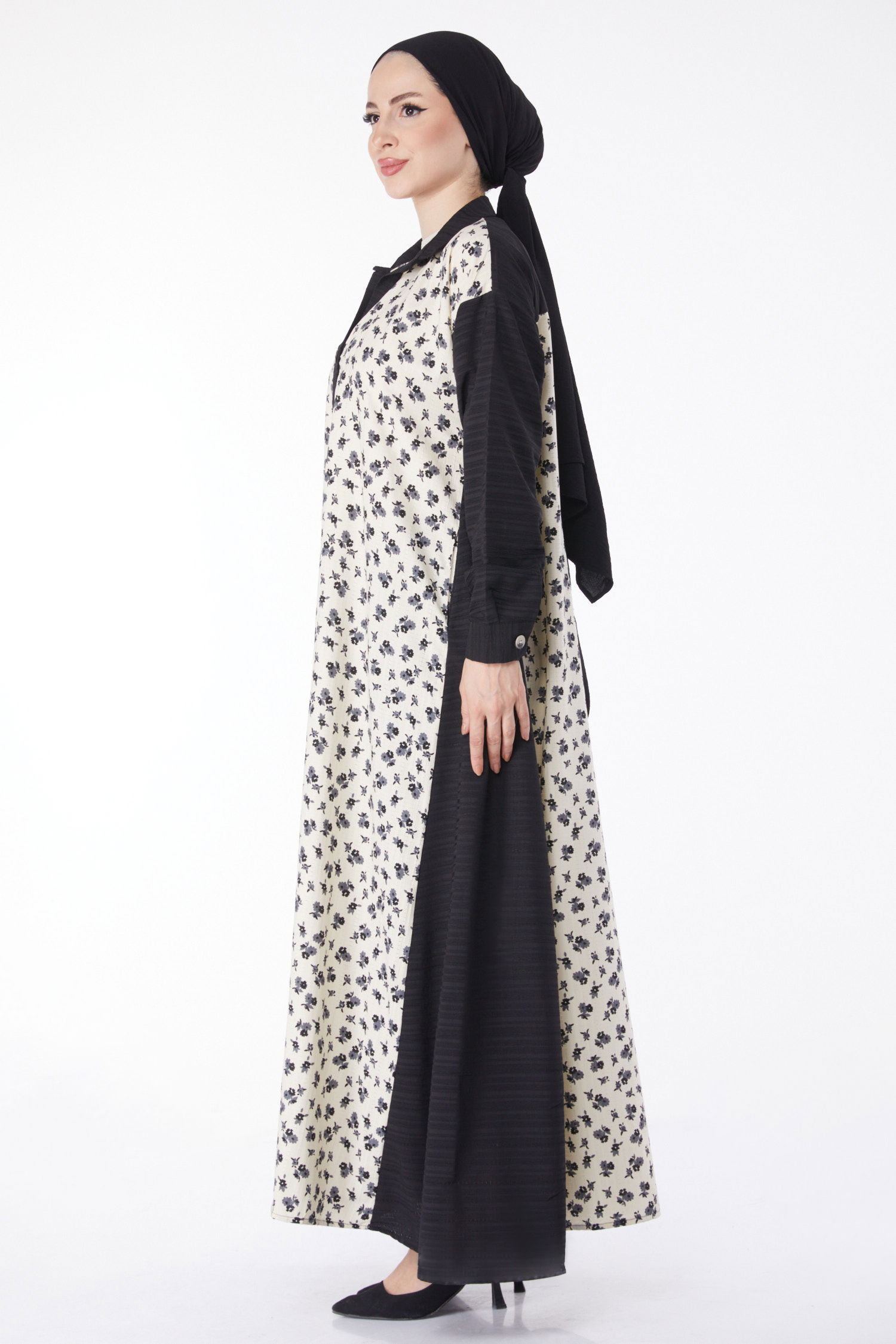 Düz Gömlek Yaka Kadın Siyah Desenli Salaş Elbise - 25046 - 3