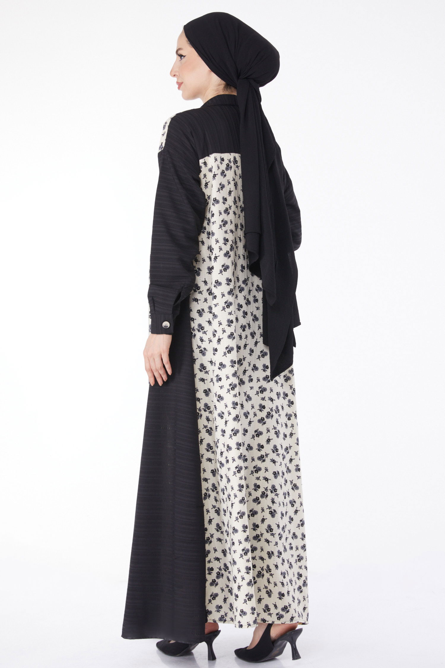 Düz Gömlek Yaka Kadın Siyah Desenli Salaş Elbise - 25046 - 4