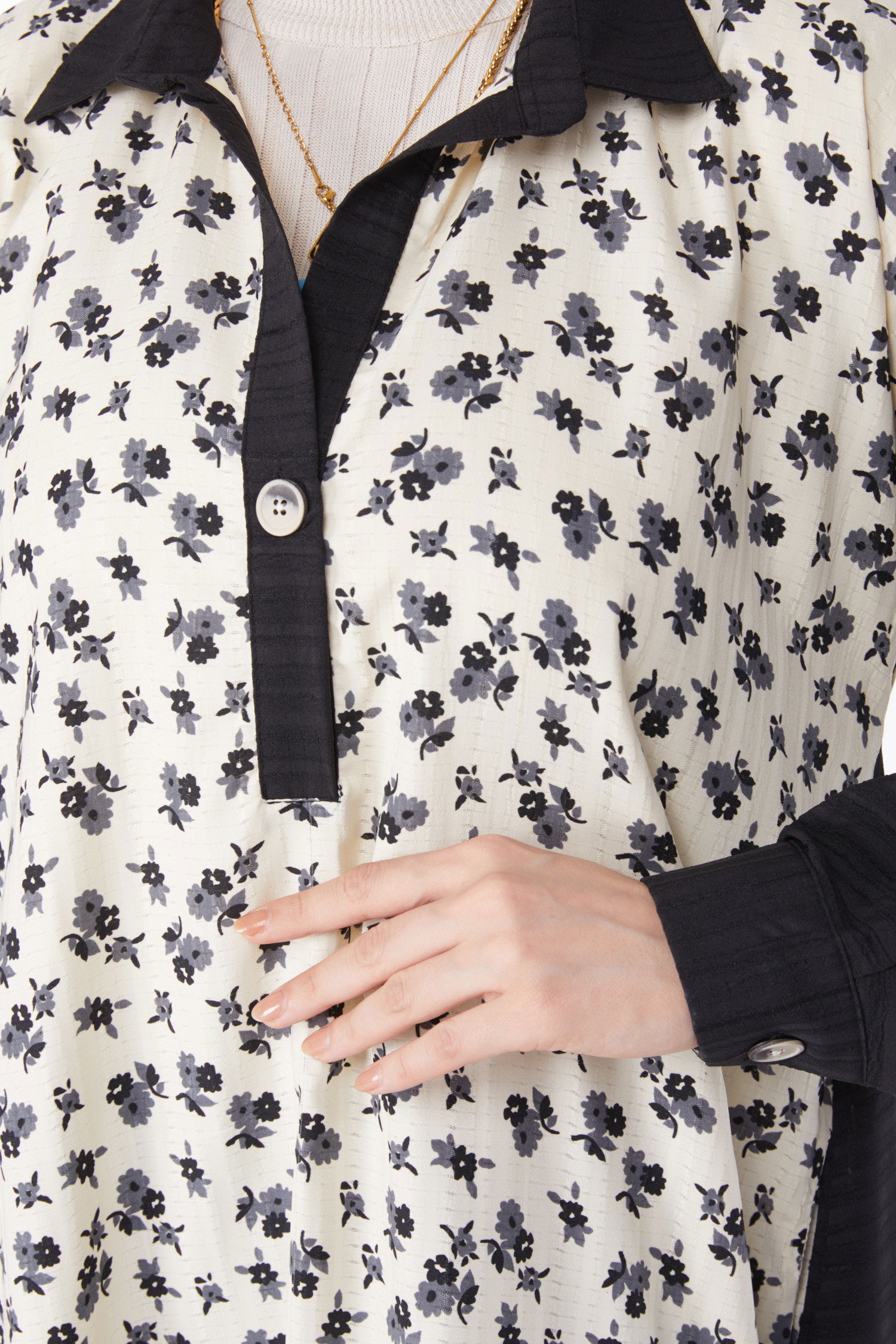 Düz Gömlek Yaka Kadın Siyah Desenli Salaş Elbise - 25046 - 5