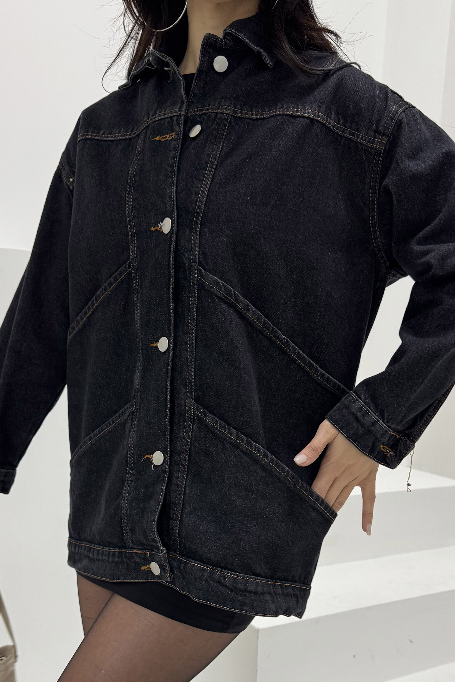 Kadın Oversize Çift Cep Detaylı Kot Ceket Siyah - 26589 - 4