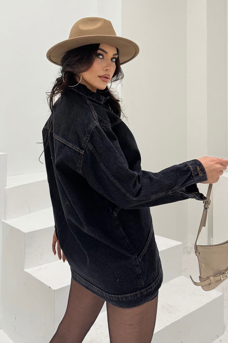 Kadın Oversize Çift Cep Detaylı Kot Ceket Siyah - 26589 - TOFİSA