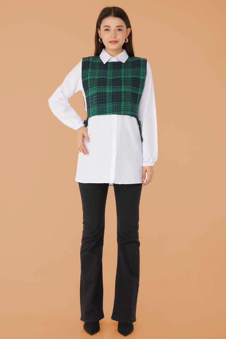 Düz Gömlek Yaka Kadın Siyah Gömlek Süveter İkili Takım - 13347 - TOFİSA