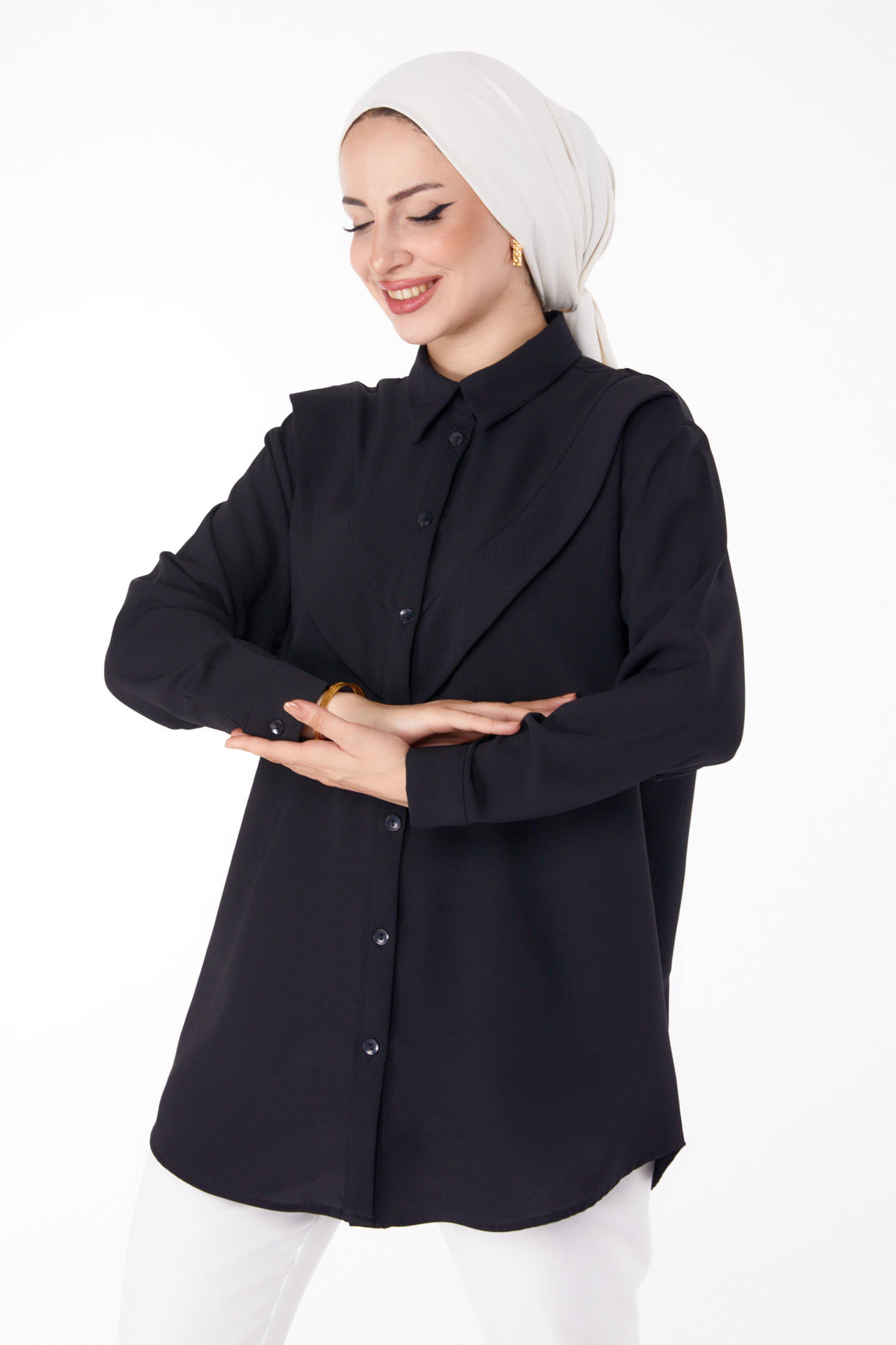 Önü Robalı Gömlek Siyah - 25685 - 1