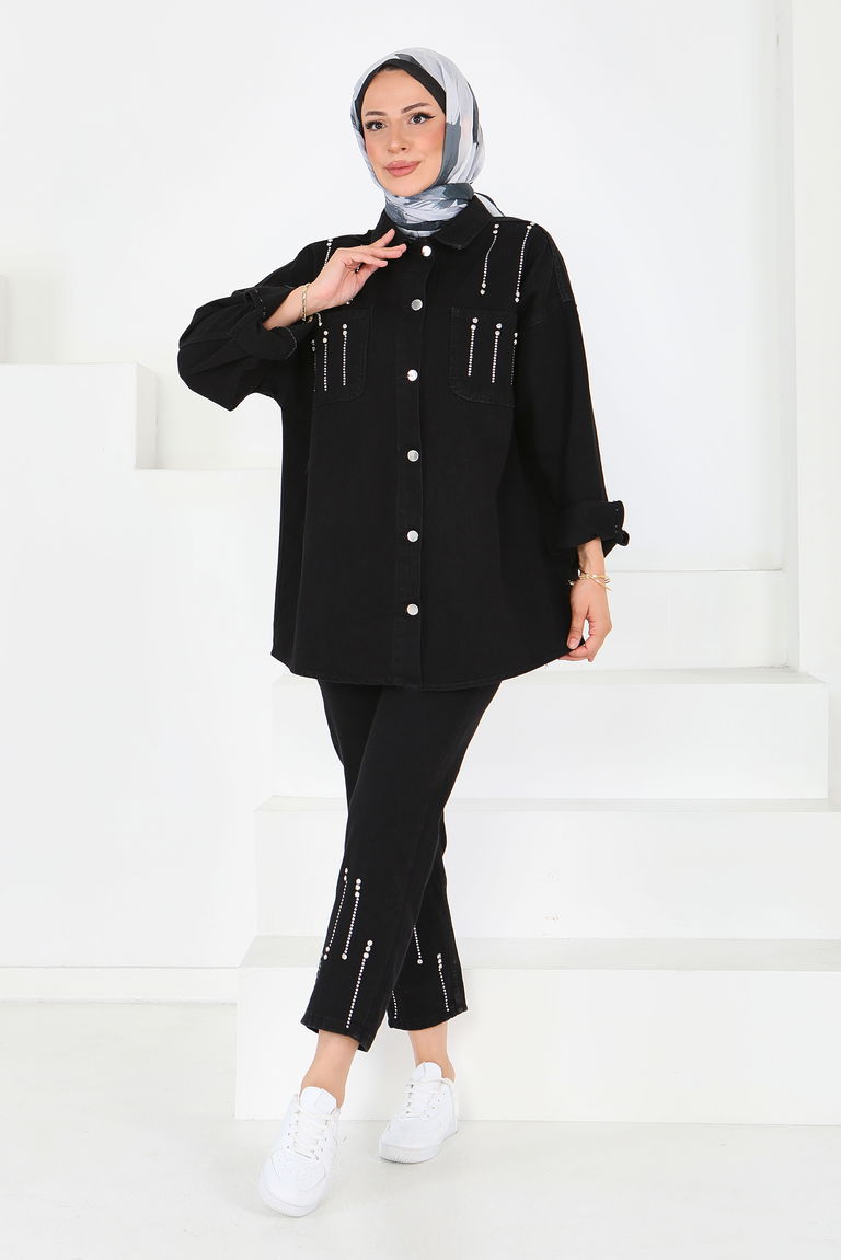 Taş Detaylı İkili Takım Siyah - 25364 - TOFİSA