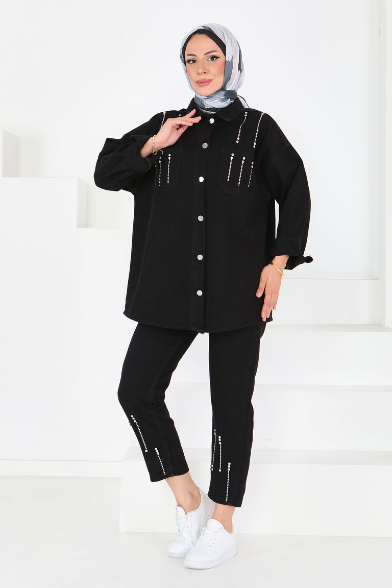 Taş Detaylı İkili Takım Siyah - 25364 - TOFİSA