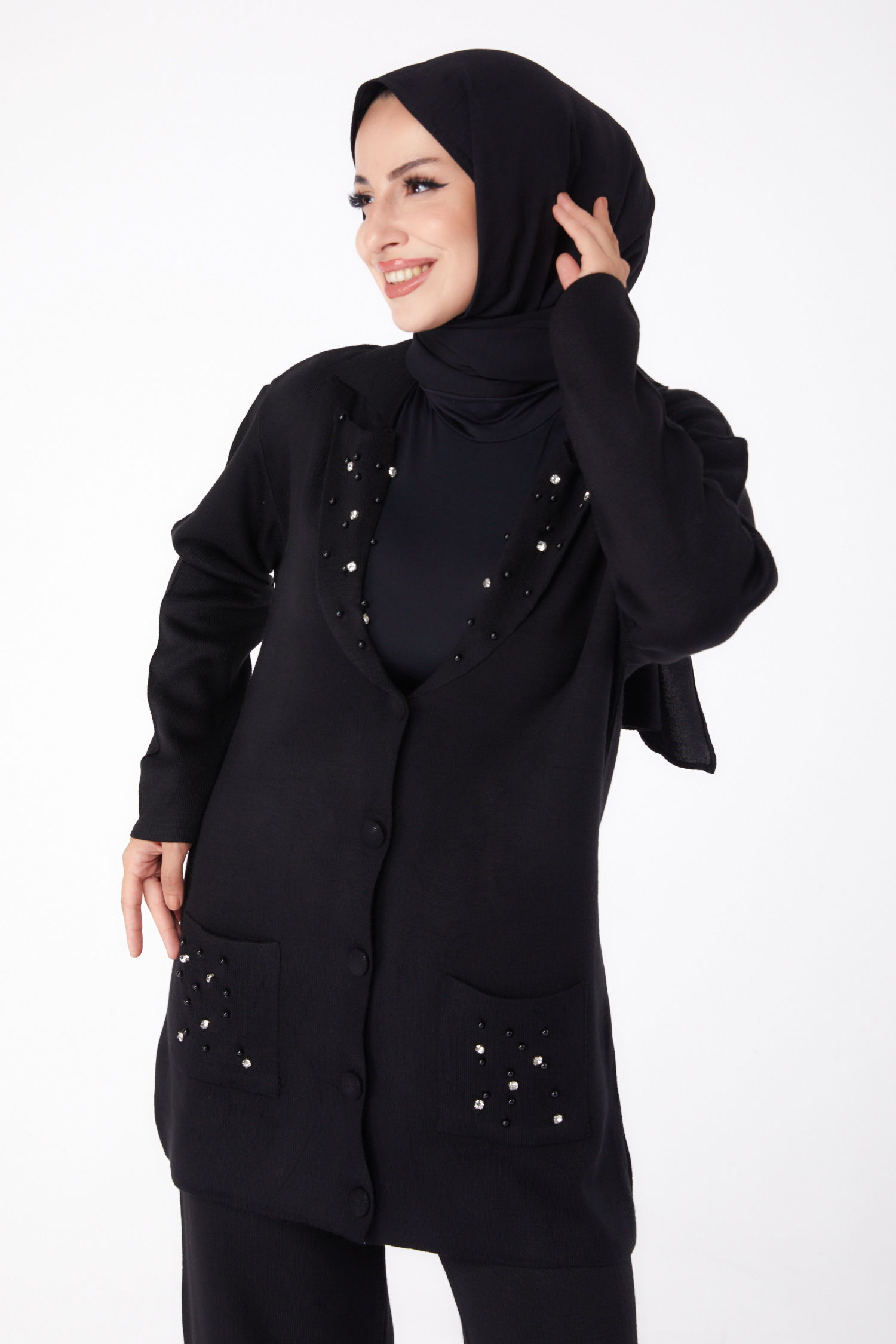 Düz Gömlek Yaka Kadın Siyah Taşlı Triko Takım - 26300 - 1