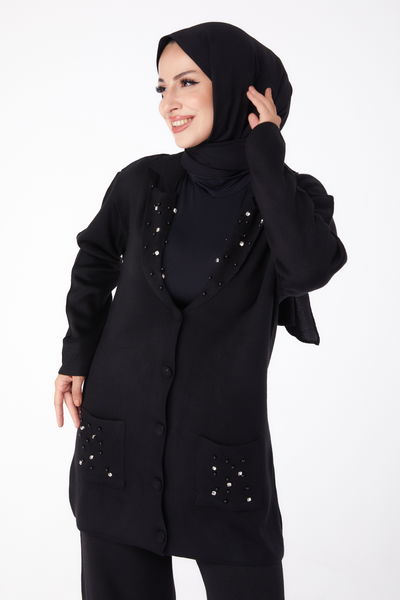 Düz Gömlek Yaka Kadın Siyah Taşlı Triko Takım - 26300 