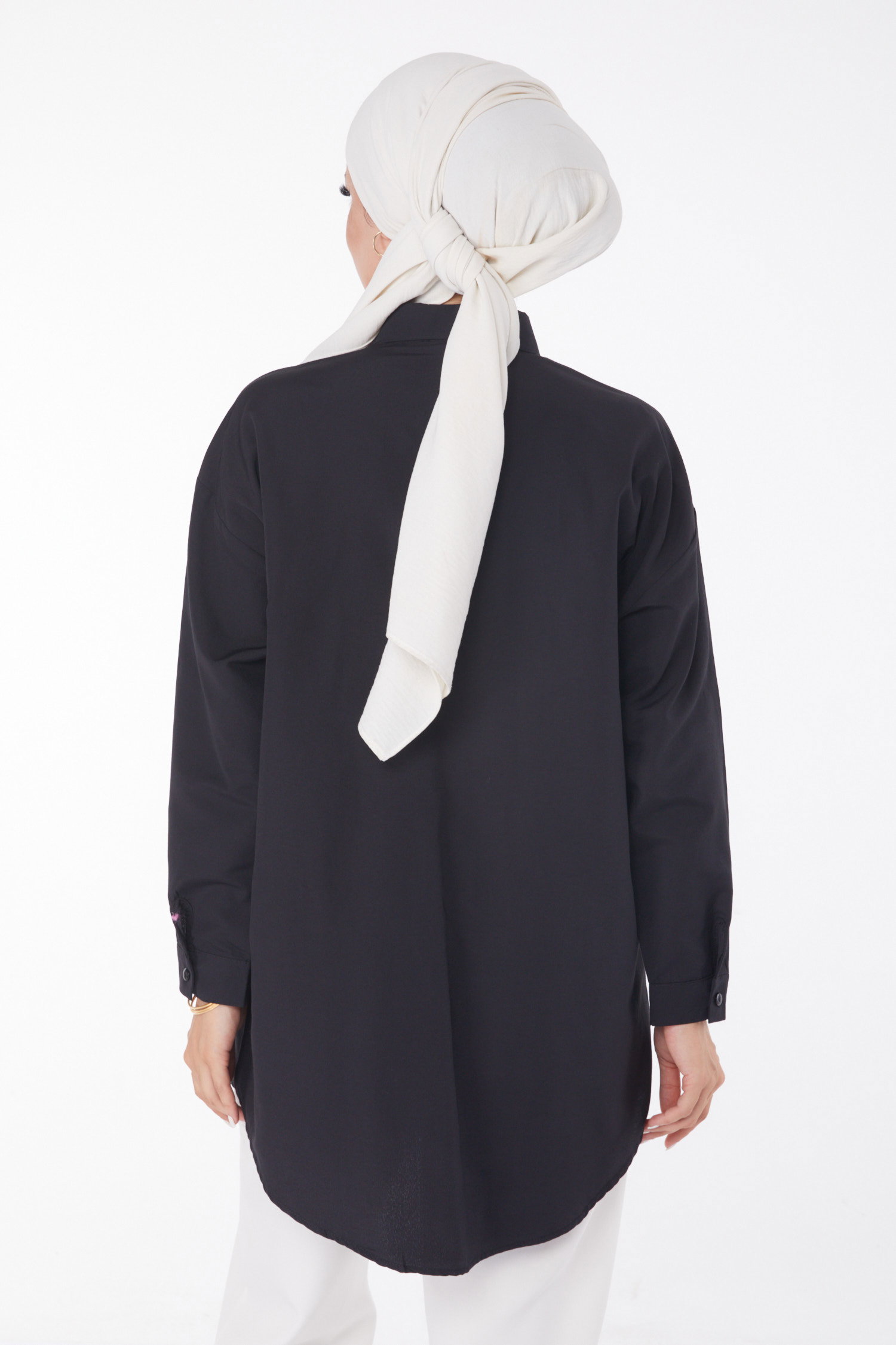 Düz Gömlek Yaka Kadın Siyah Taşlı Tunik - 25908 - 4