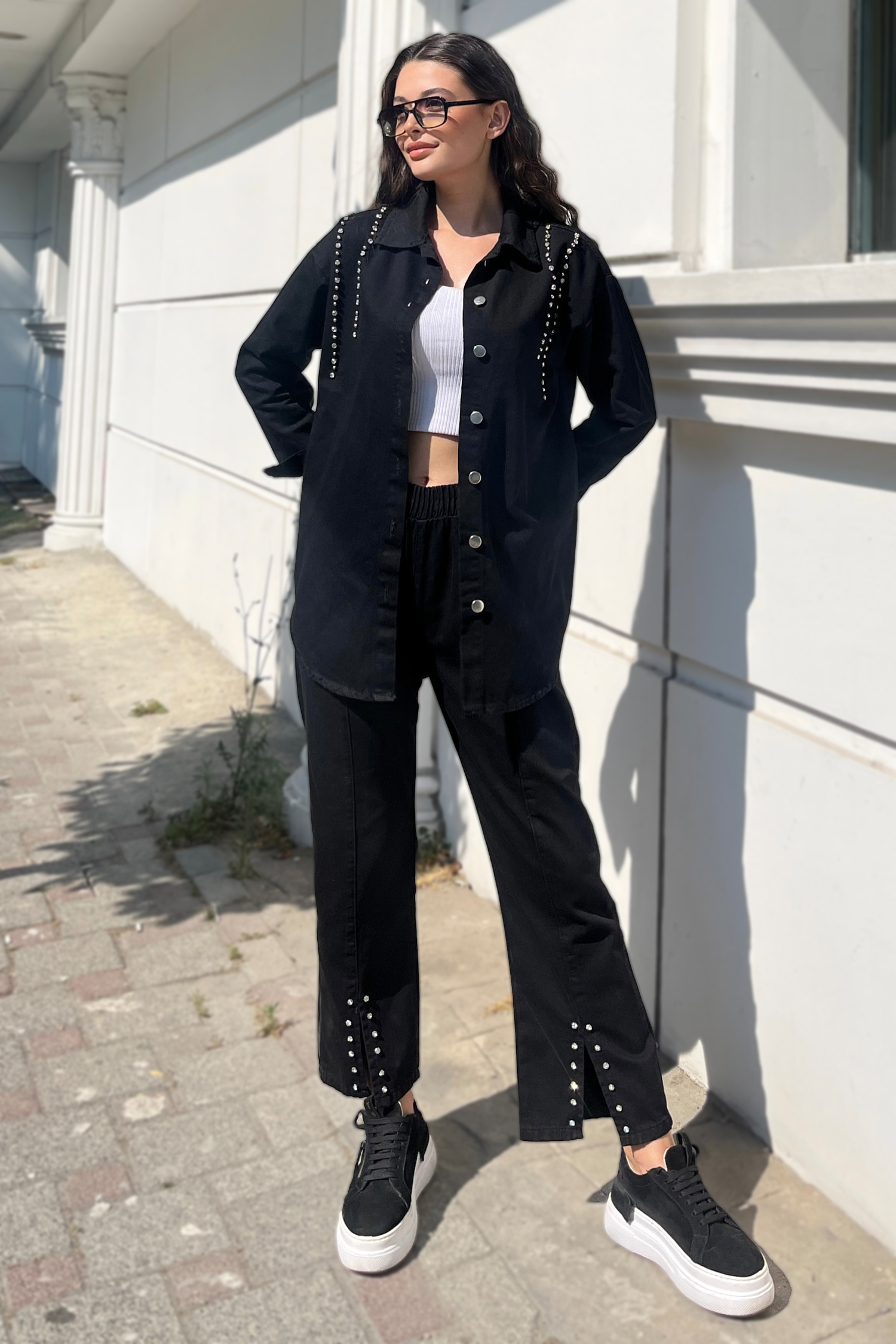Düz Gömlek Yaka Kadın Siyah Tensel Taş Detaylı İkili Takım - 25365 - 2