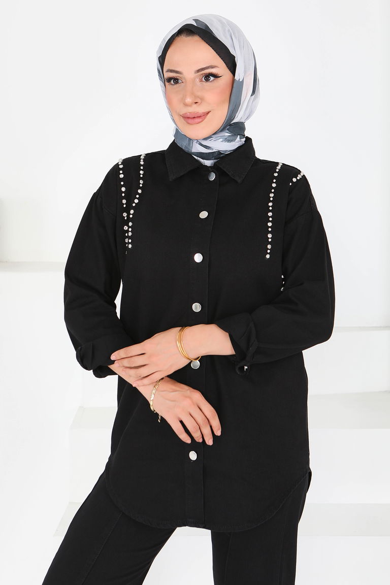 Düz Gömlek Yaka Kadın Siyah Tensel Taş Detaylı İkili Takım - 25365 - TOFİSA