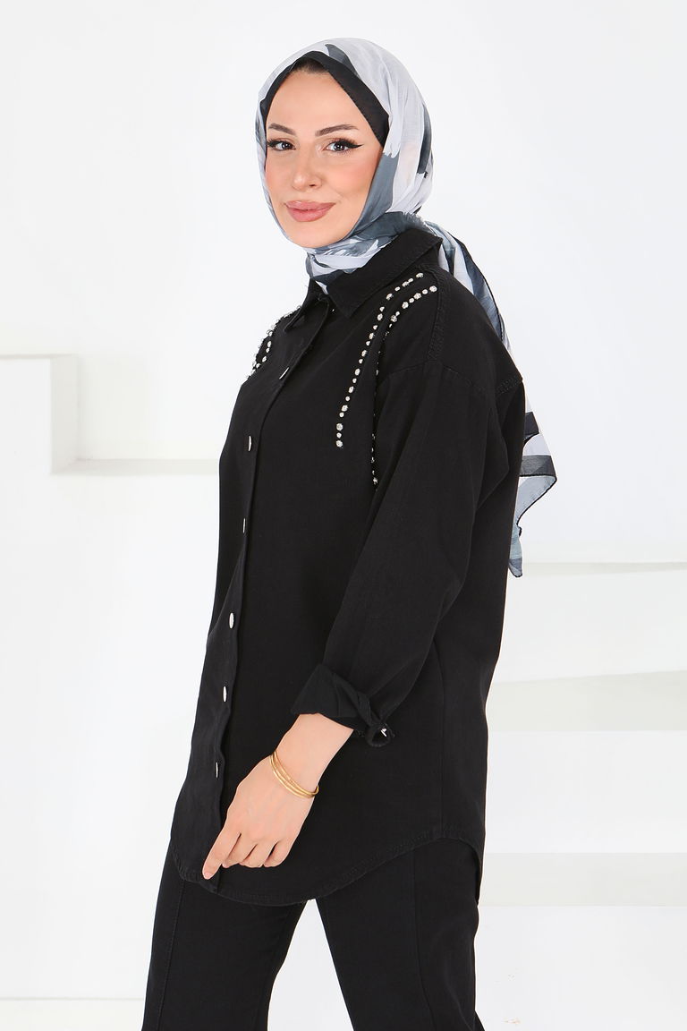 Düz Gömlek Yaka Kadın Siyah Tensel Taş Detaylı İkili Takım - 25365 - TOFİSA