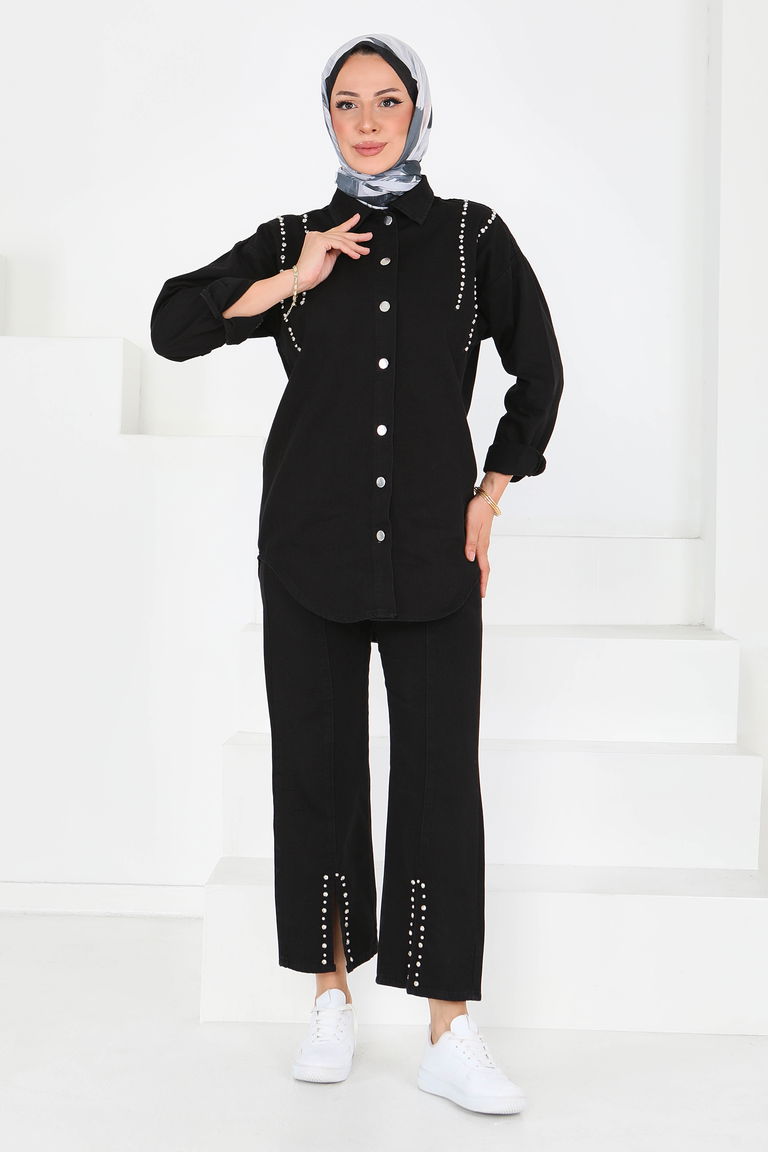 Düz Gömlek Yaka Kadın Siyah Tensel Taş Detaylı İkili Takım - 25365 - TOFİSA