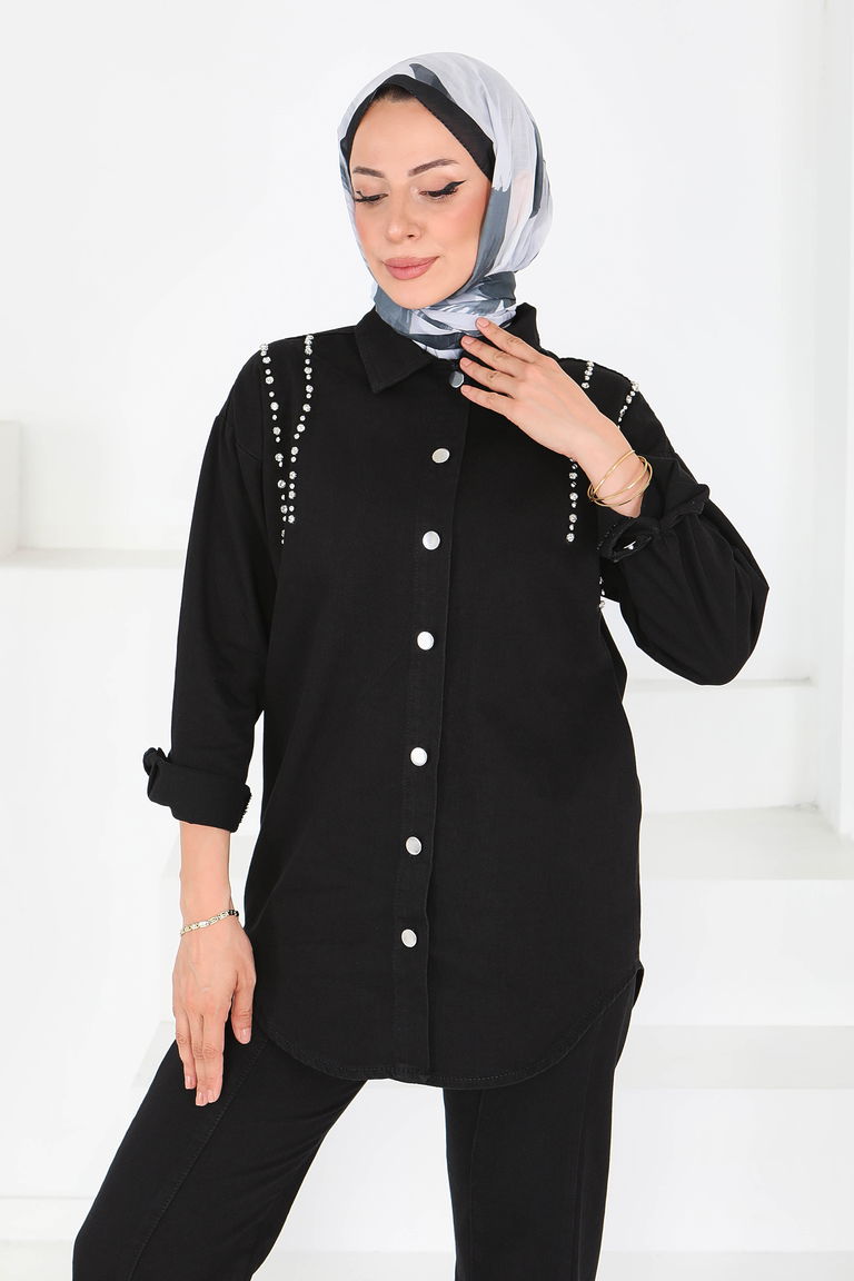 Düz Gömlek Yaka Kadın Siyah Tensel Taş Detaylı İkili Takım - 25365 - TOFİSA