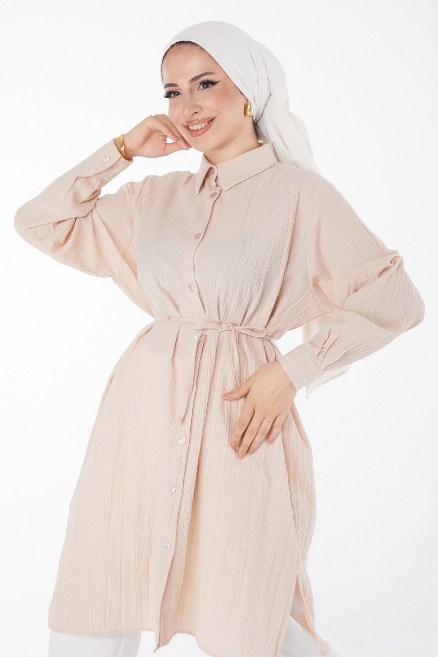 Düz Gömlek Yaka Kadın Taş Kuşaklı Tunik - 25889 - 4