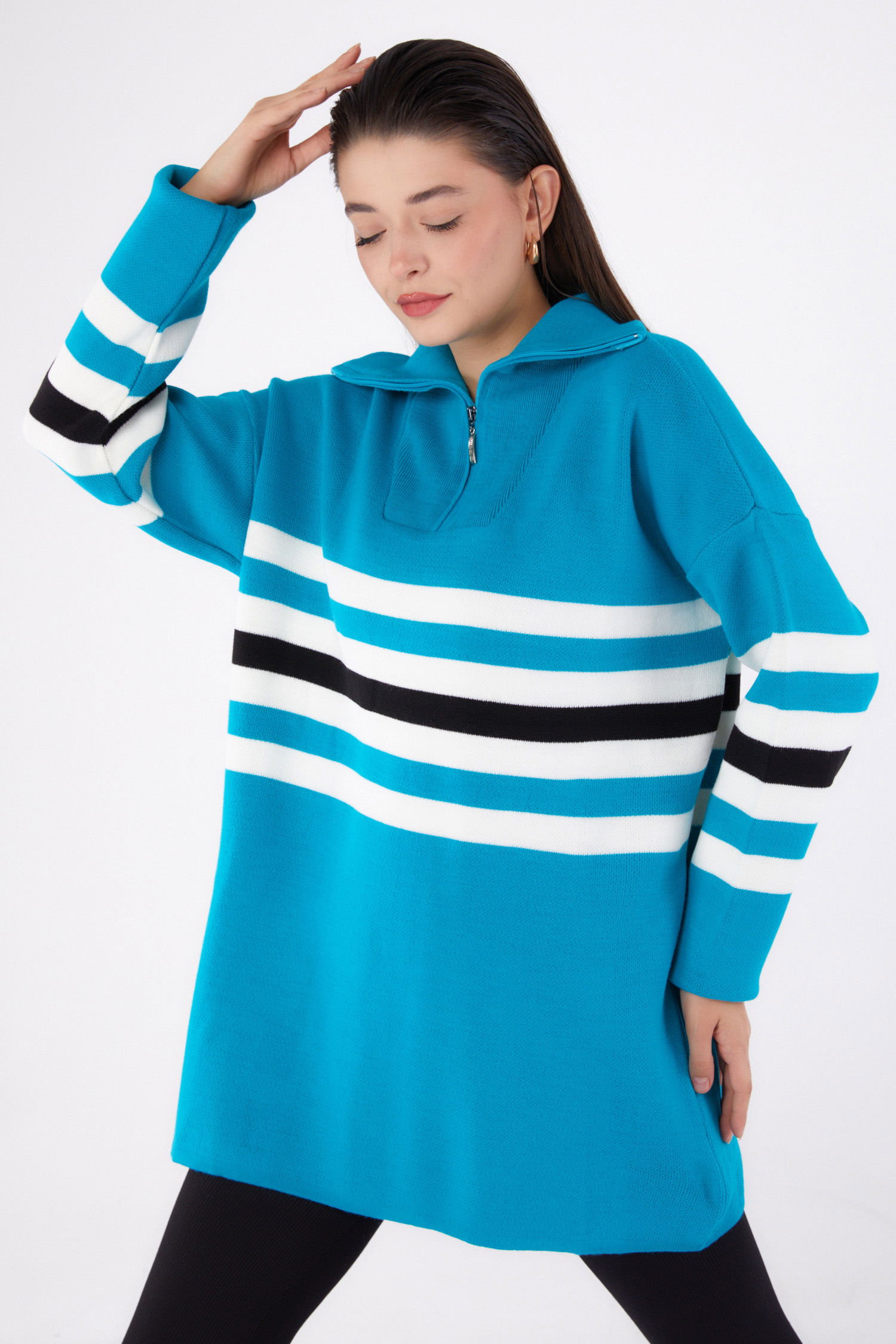 Çizgili Triko Tunik Turkuaz - 26419 - 1