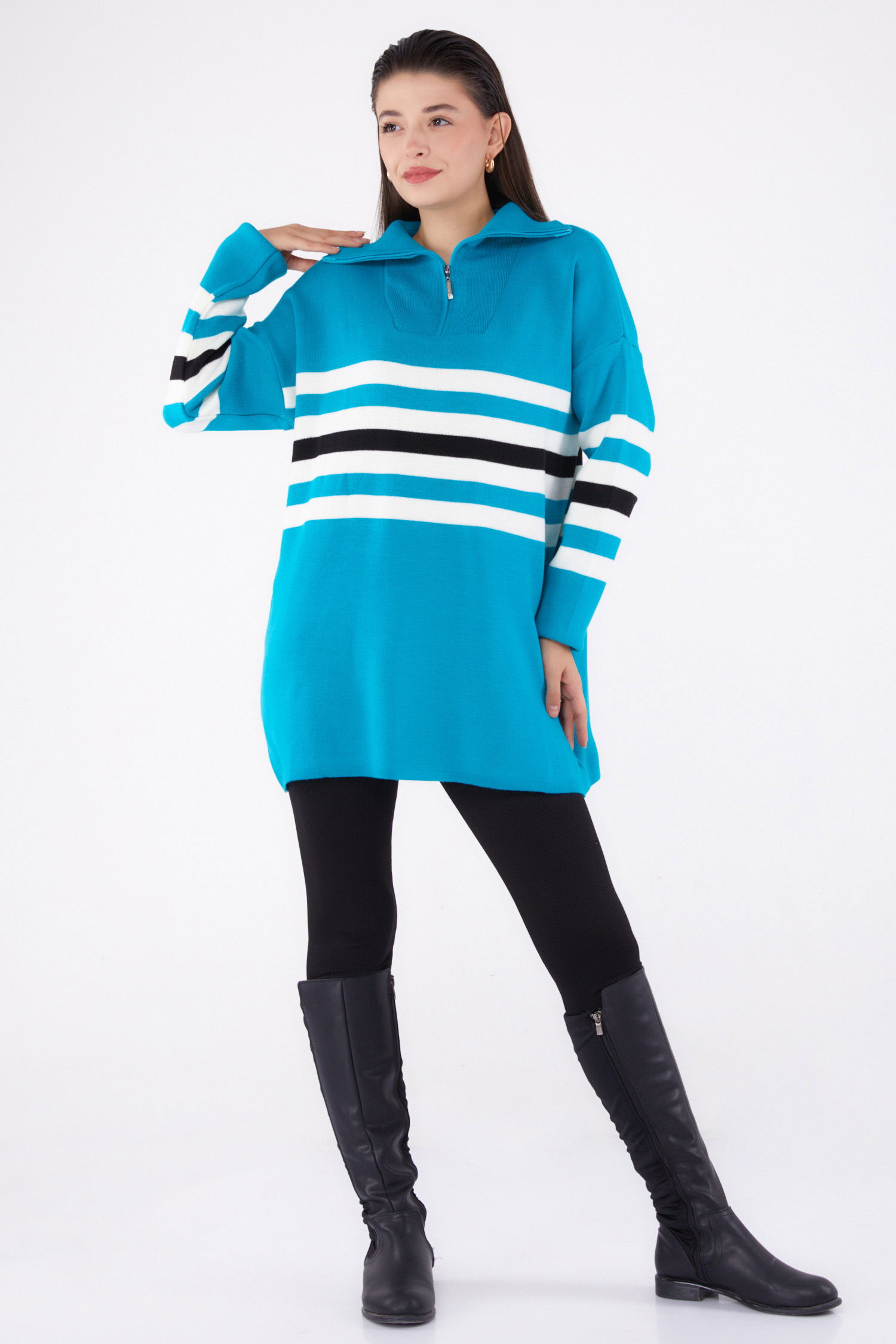 Çizgili Triko Tunik Turkuaz - 26419 - 2