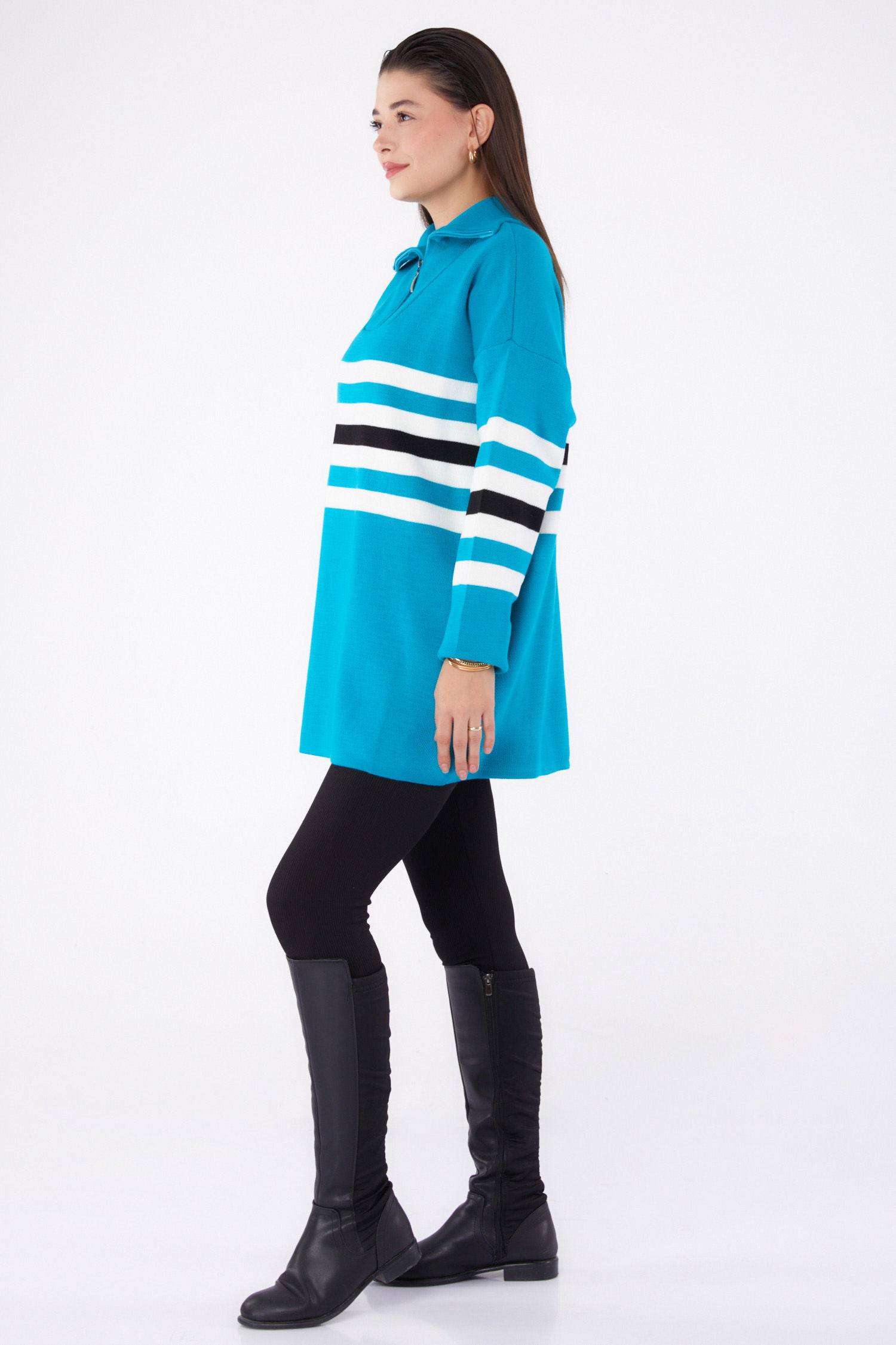 Çizgili Triko Tunik Turkuaz - 26419 - 3