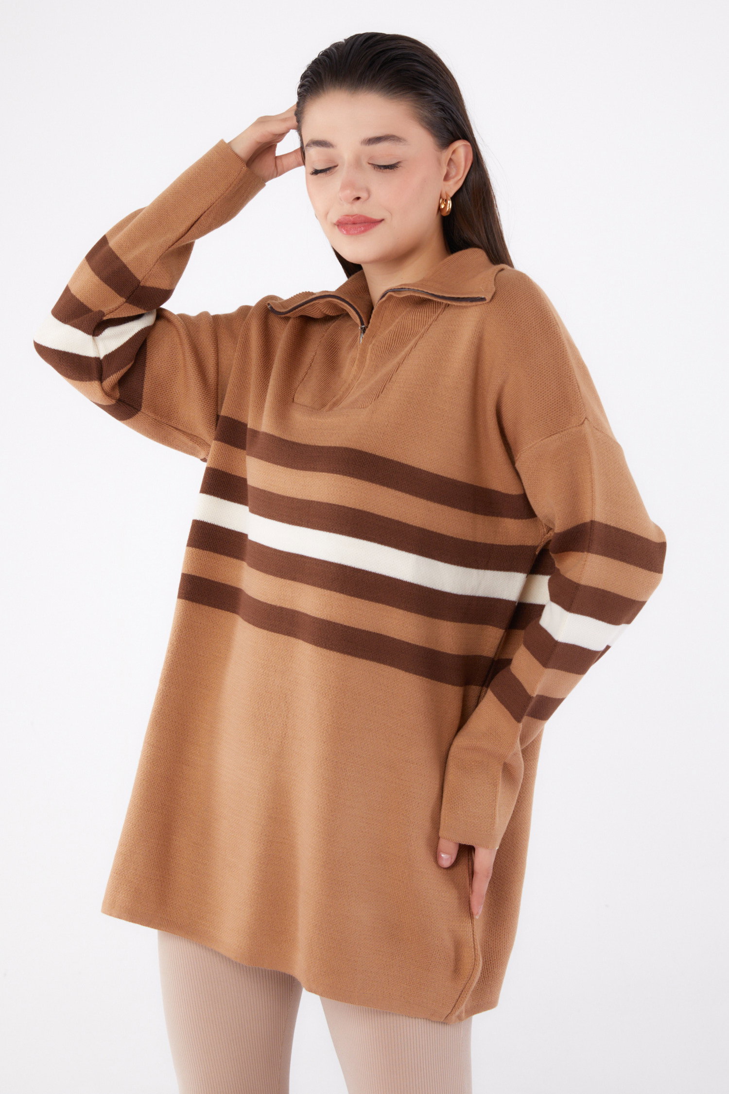 Çizgili Triko Tunik Vizon - 26419 - 1