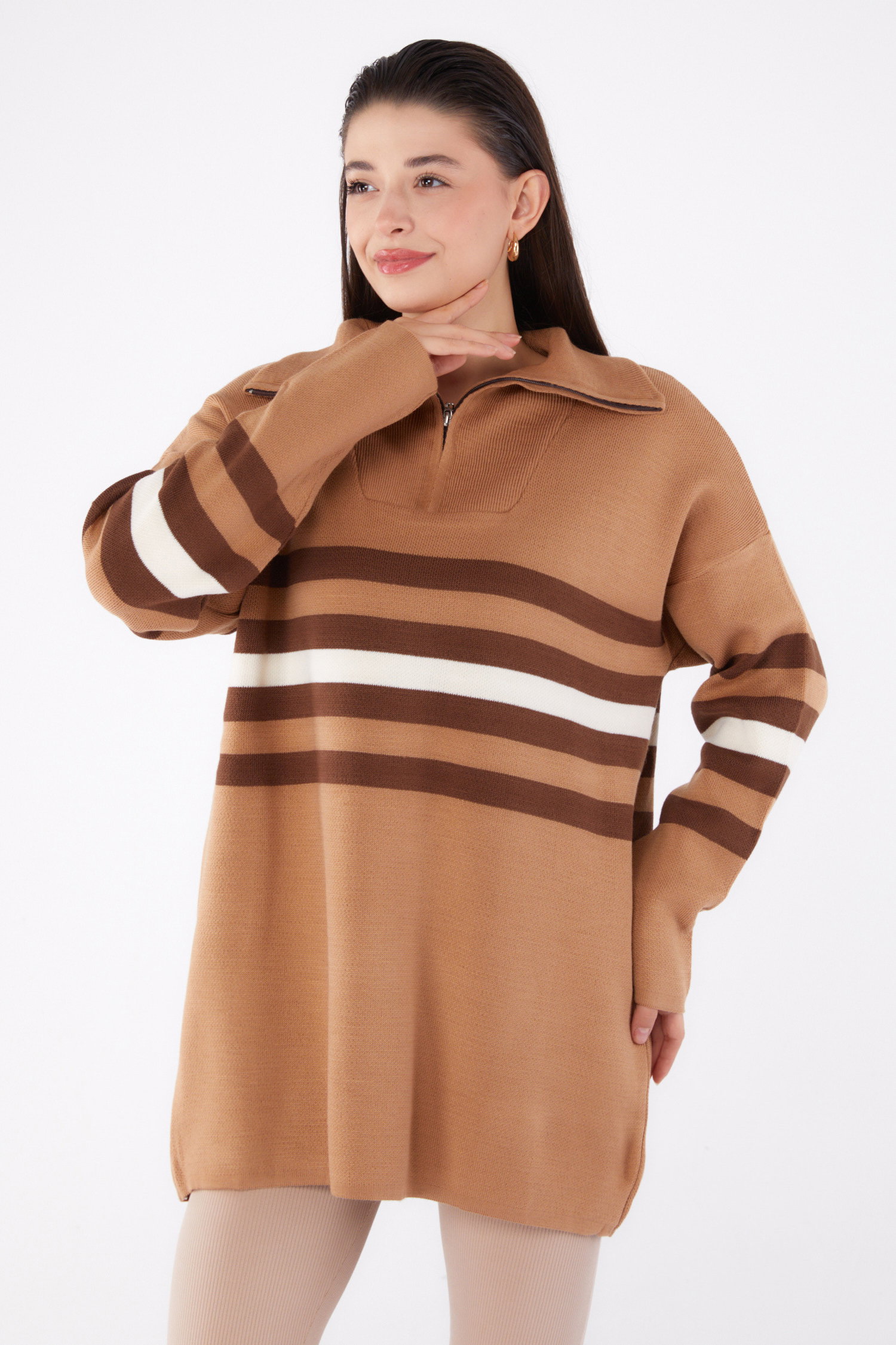 Çizgili Triko Tunik Vizon - 26419 - 2