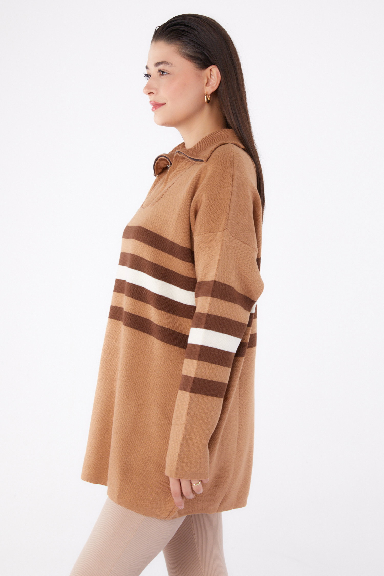 Çizgili Triko Tunik Vizon - 26419 - 3