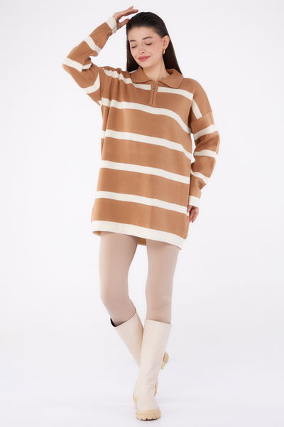 Çizgili Triko Tunik Vizon - 26420 