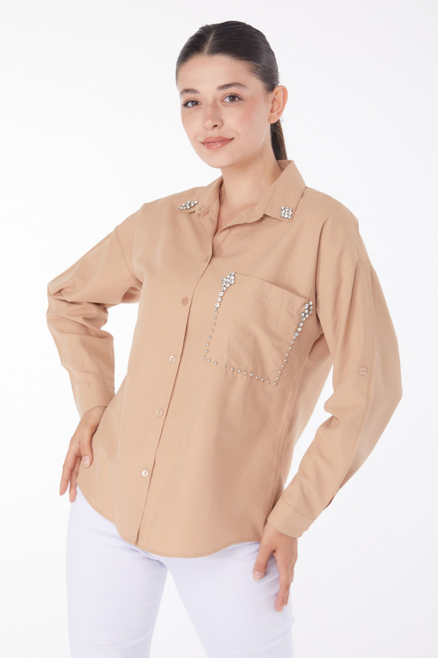 Düz Gömlek Yaka Kadın Vizon Taşlı Gömlek - 25909 - 1